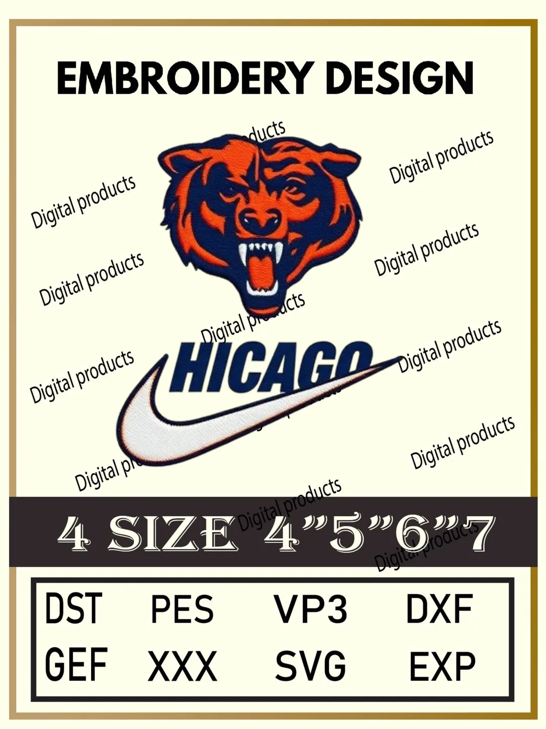 Chicago Bears Embroidery Design Digital Logo Pattern with Fierce Orange Bear Head and Chicago Text Swoosh for Machine Embroidery Projects in Four Sizes with Multiple Compatible Formats Including DST, PES, VP3, DXF, GEF, XXX, SVG, EXP Download