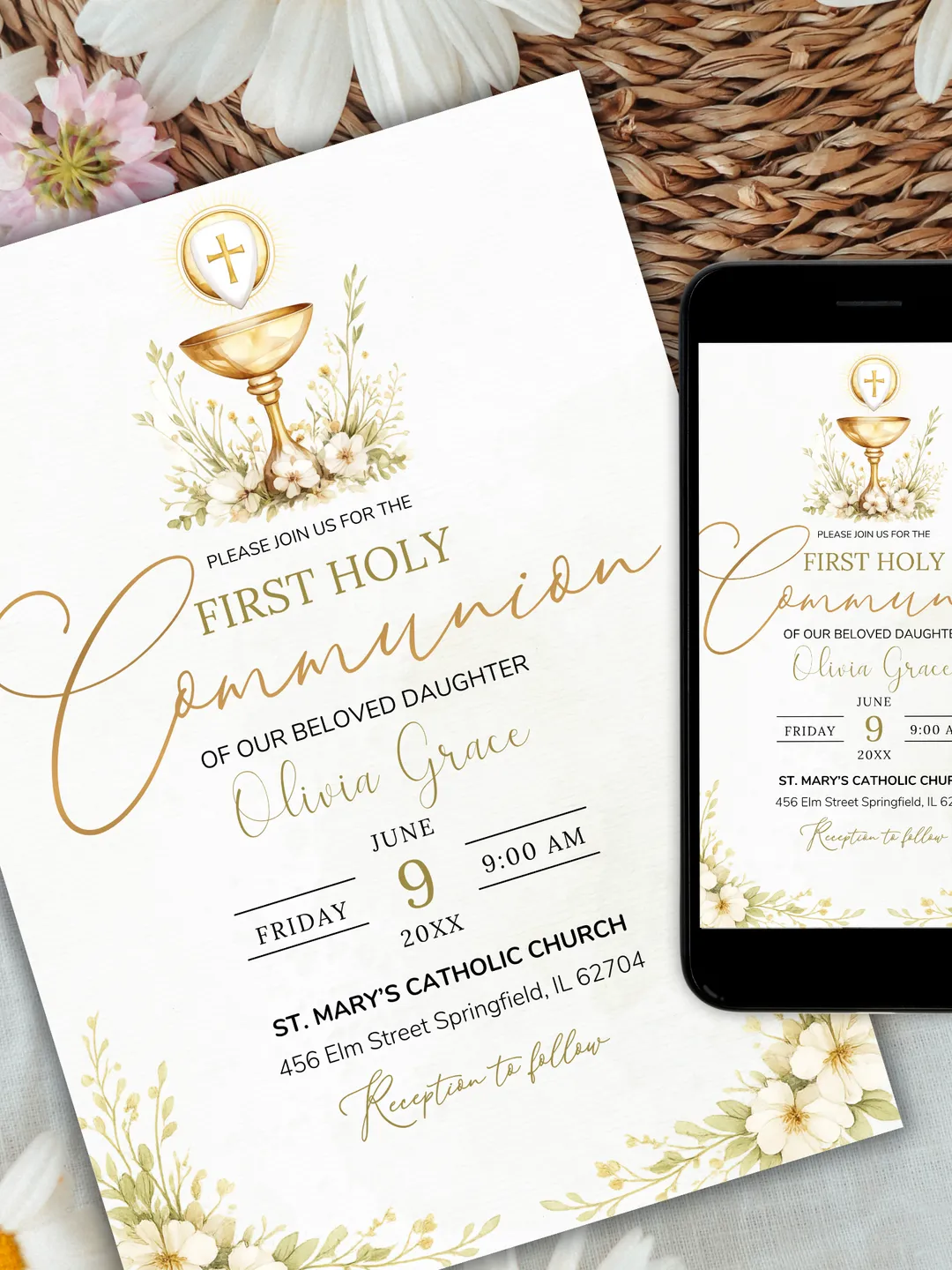 first holy communion invitation card editable Wildflower First Communion Invitation