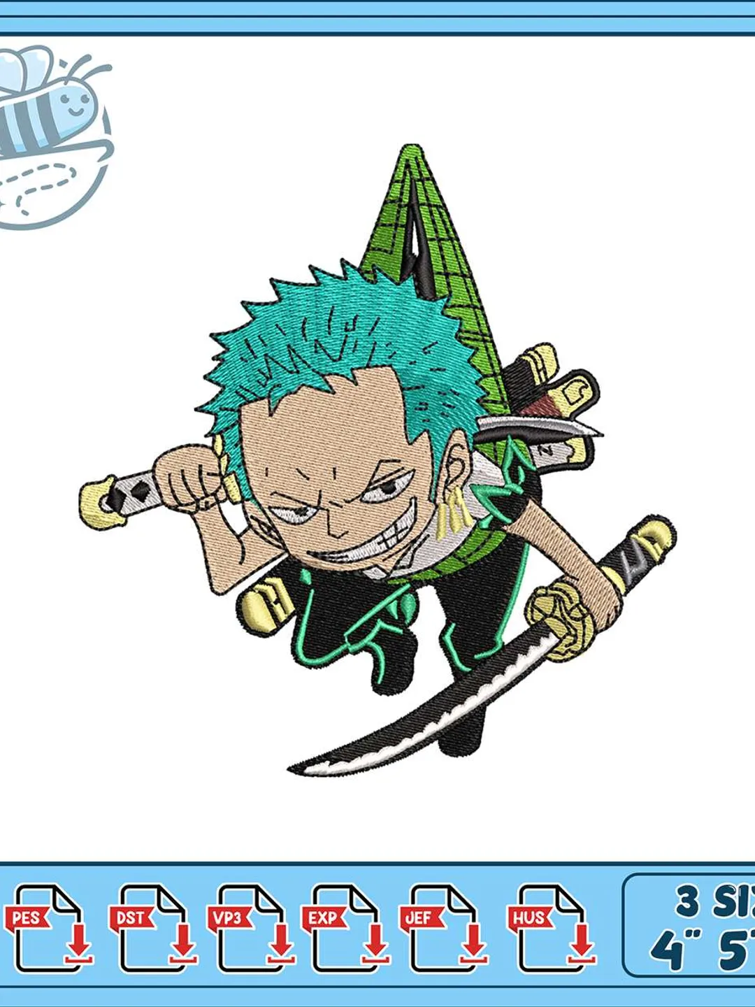 Roronoa Zoro Embroidery Design, Chibi Anime Three Swords Machine