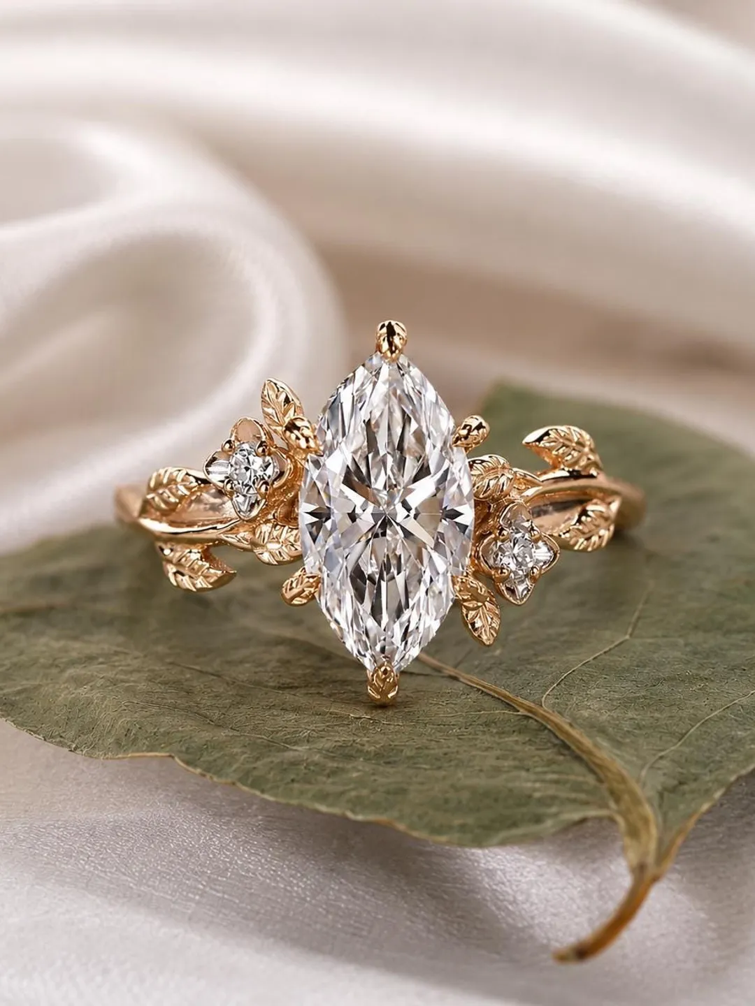 18K Rose Gold Marquise Moissanite Ring, Nature Inspired Engagement Ring, Floral Leaf Bridal Jewelry, Anniversary Gift