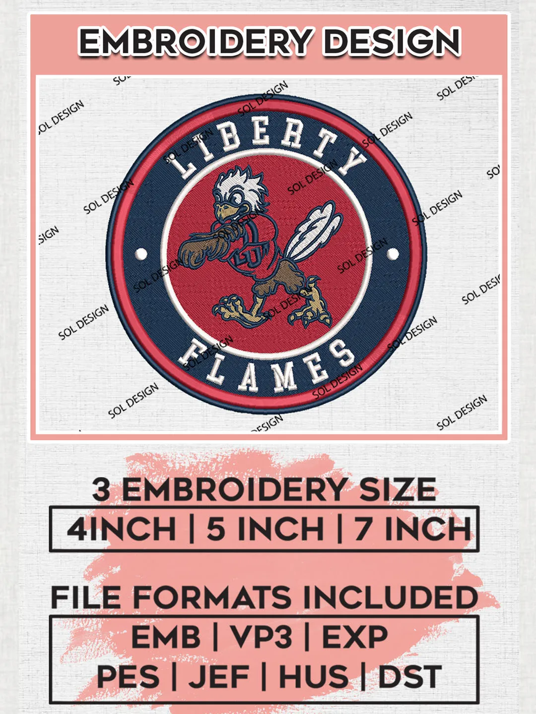 NCAA Liberty Flames Round Logo Embroidery, NCAA Liberty Flames Logo Embroidery files, NCAA Teams, Machine embroidery designs, Digital Download