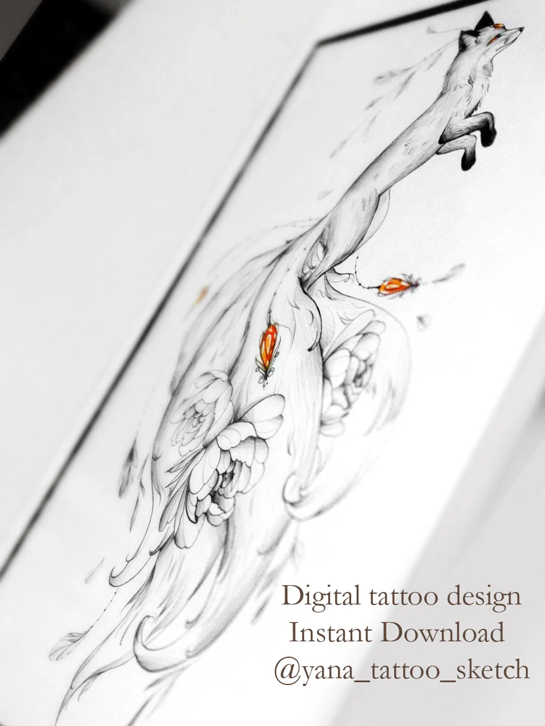 Kitsune Tattoo Design Kitsune Nine Tailed Fox Tattoo Ideas Drawing, Instant download JPG, PDF, PNG