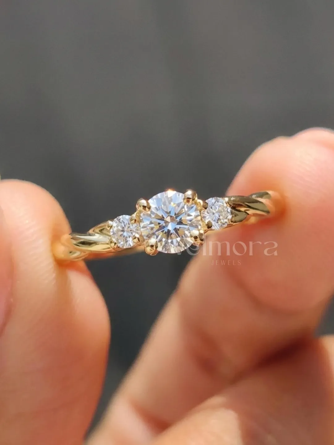 Twisted 14K Yellow Gold Moissanite Three Stone Engagement Ring