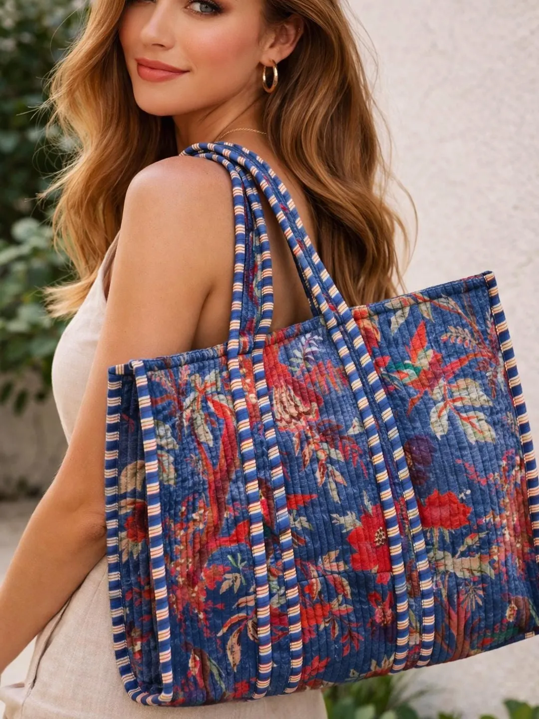 Colorful Quilted Tote Bag Handmade Patchwork Fabric Reusable