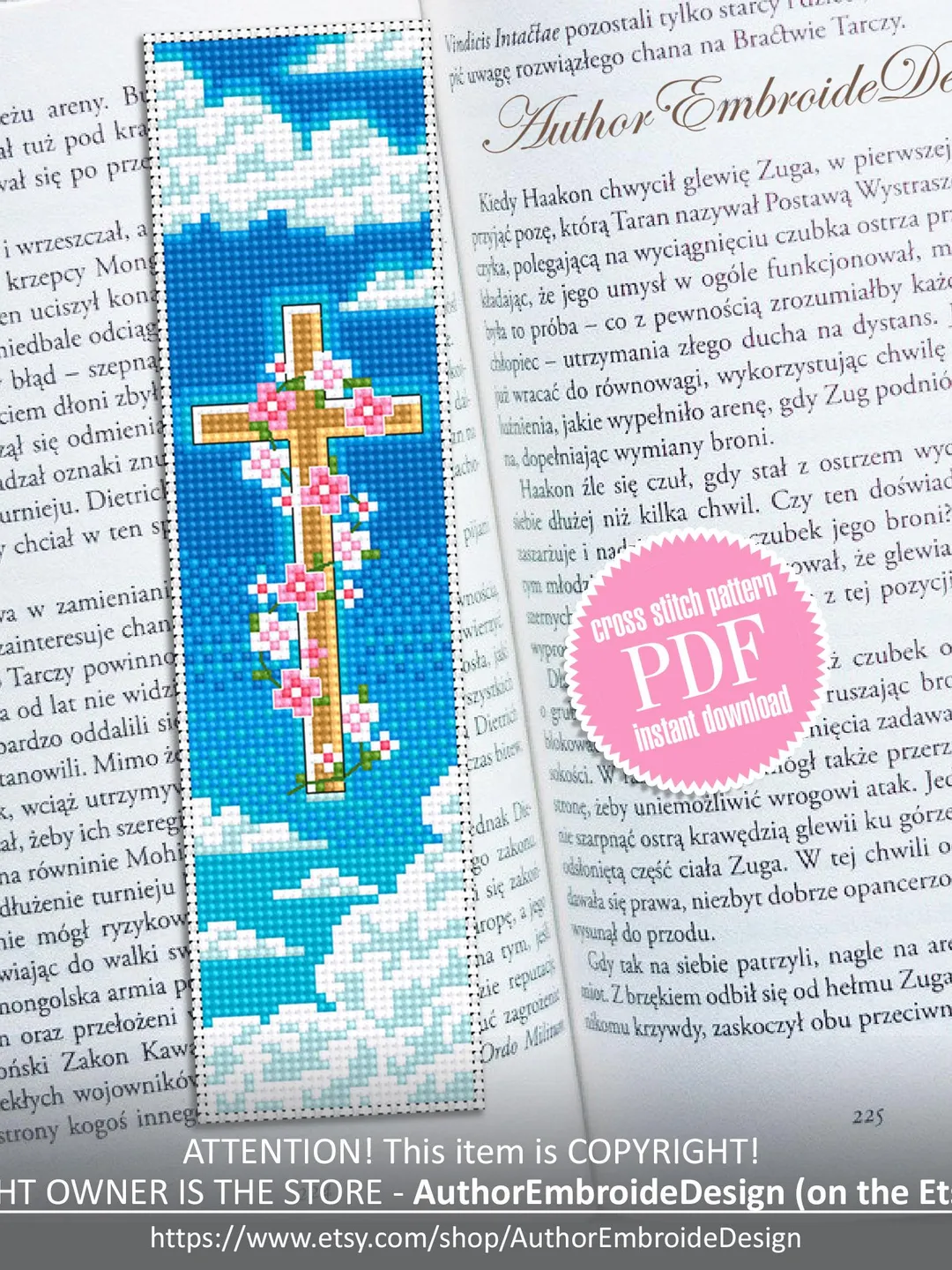 Christian bookmark cross stitch pattern PDF download Holy cross with flowers cross stitch chart, Bible bookmark pattern digital PDF #B444