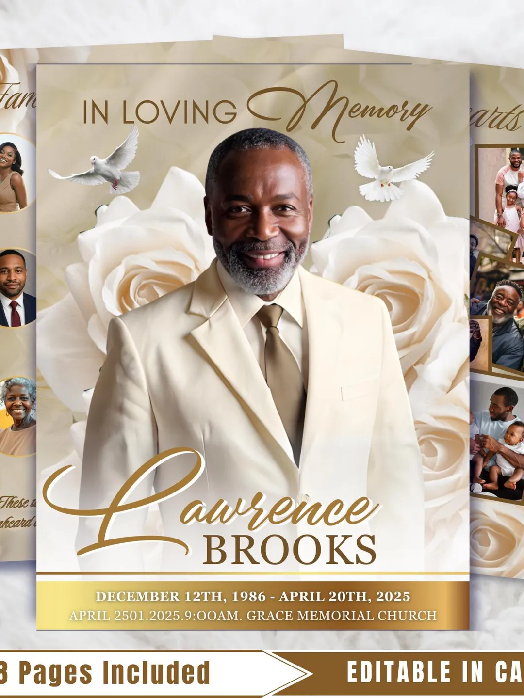 Roses Funeral Program Template: Brown & White Obituary, Celebration of ...
