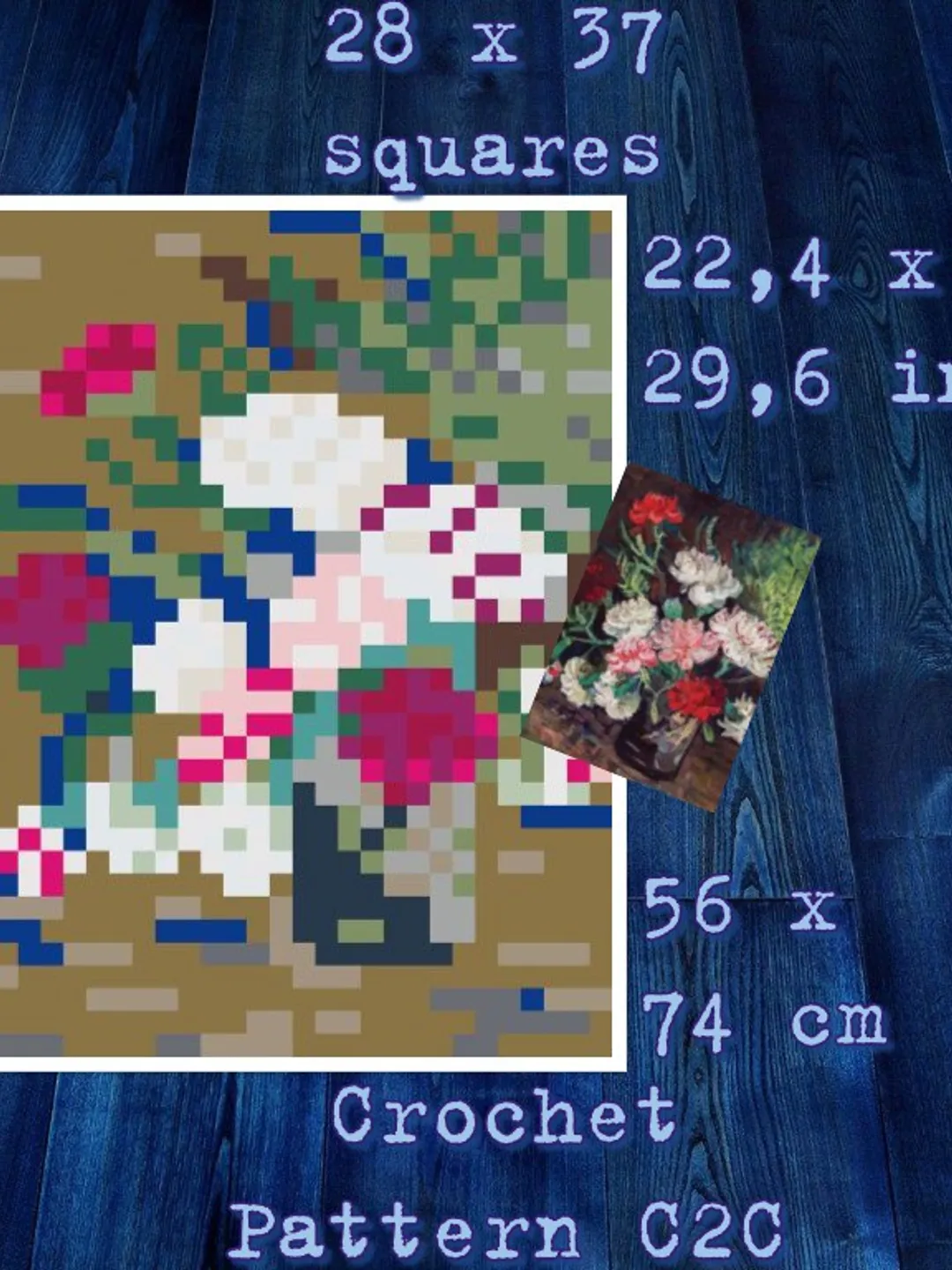 Crochet Pattern C2C Vintage Vincent Van Gogh Vase with Carnations Counted For Crocheting Pillow Home Decor Wall Decor Digital Download PDF