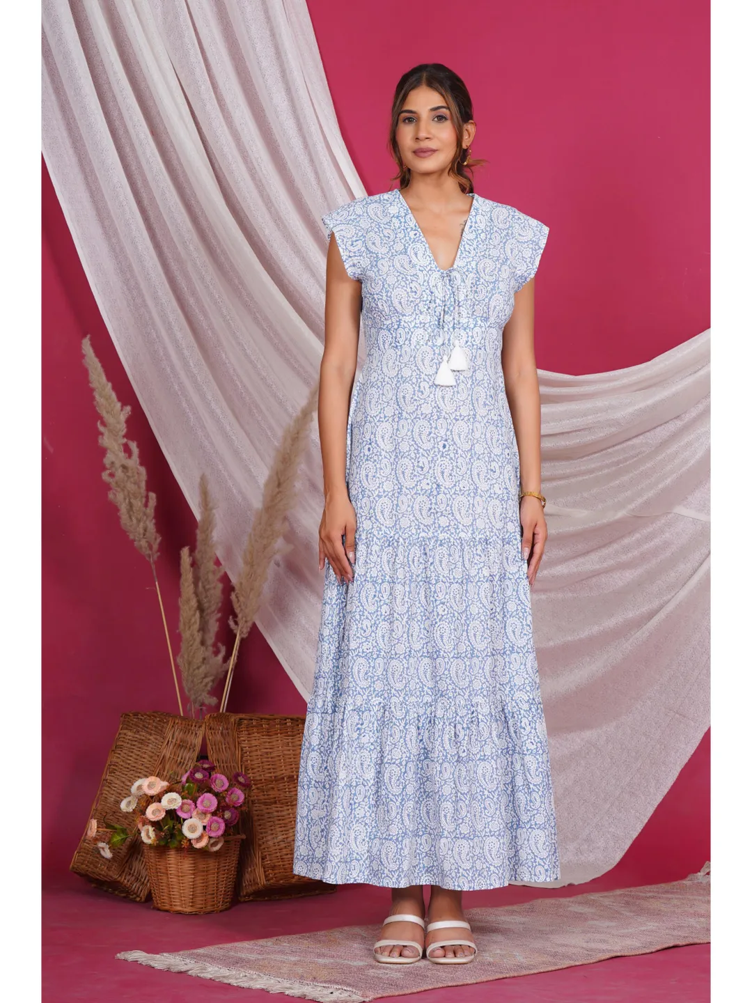 artisanal blue maxi dress Farm Rio Artisanal Embroidered Lace Dress