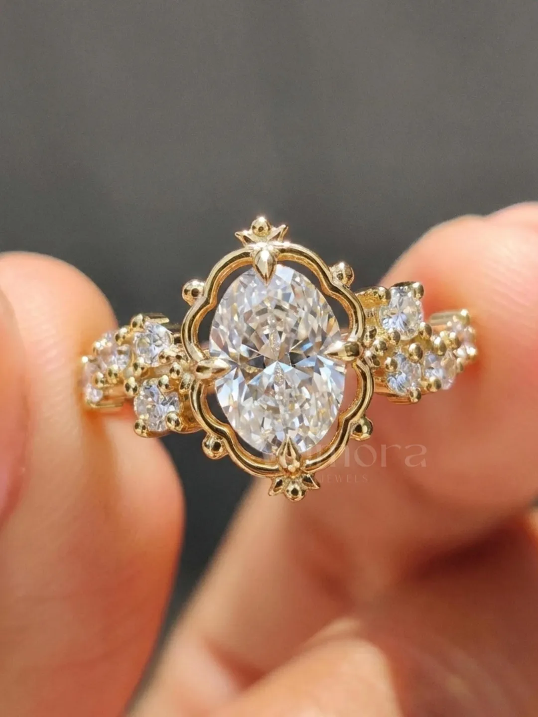 Oval Cut Moissanite Engagement Ring, Vintage Floral Halo, 14K Gold