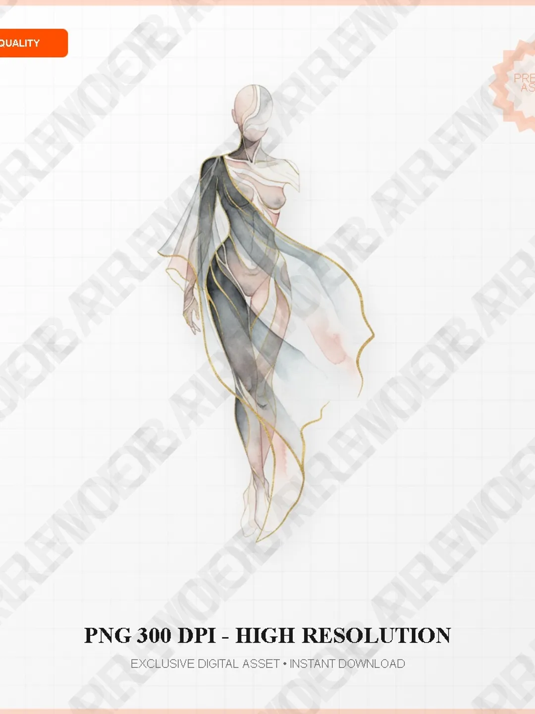 Aesthetic Fashion Sketch PNG - Watercolor Ethereal Goddess Clipart for Luxury Branding