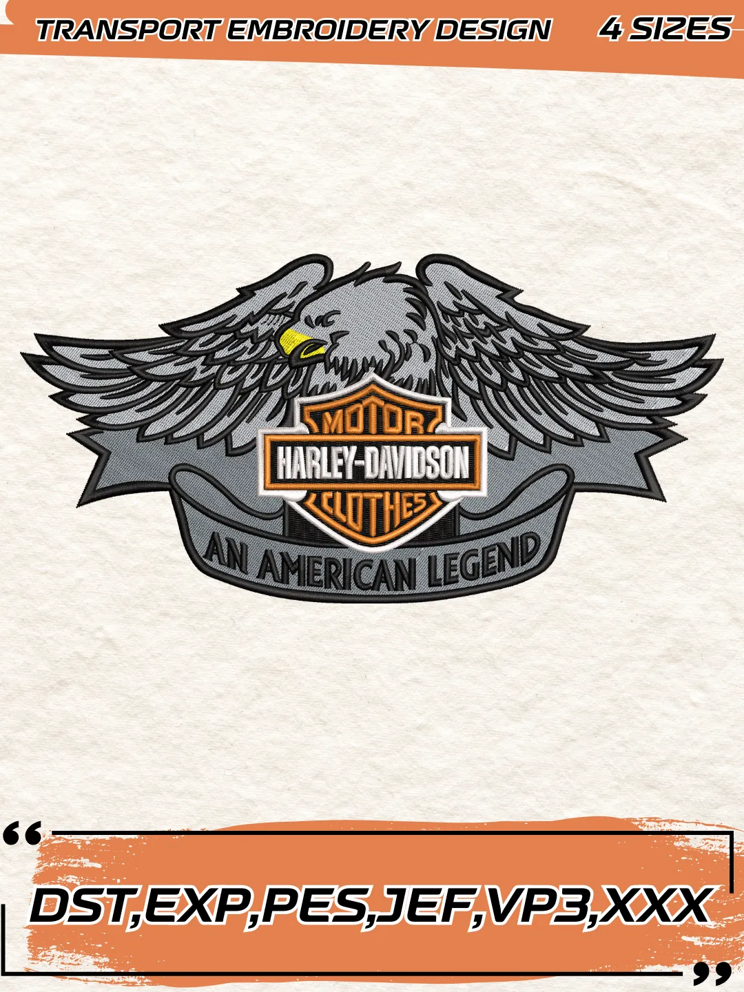 Harley Davidson Logo with Eagle Embroidery Design,Transport Embroidery File,4 Sizes, Digital Download
