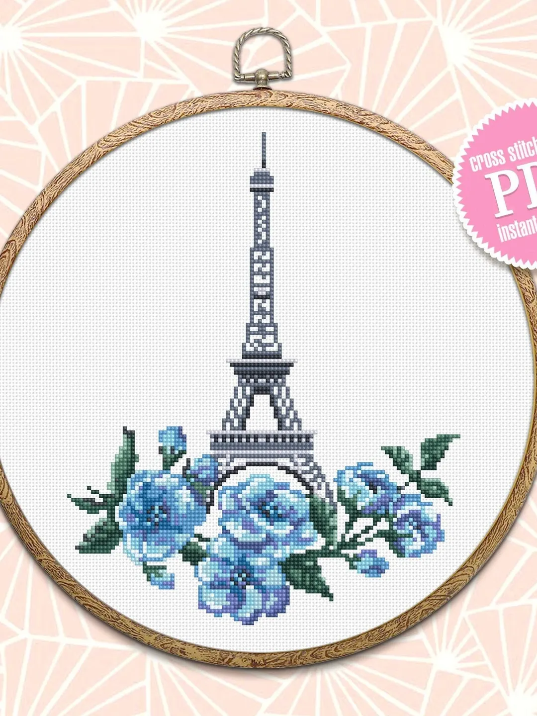 Spring cross stitch pattern PDF download Eiffel Tower beginner stitch Sakura flowers cross stitch Modern France embroidery Paris decor #E1