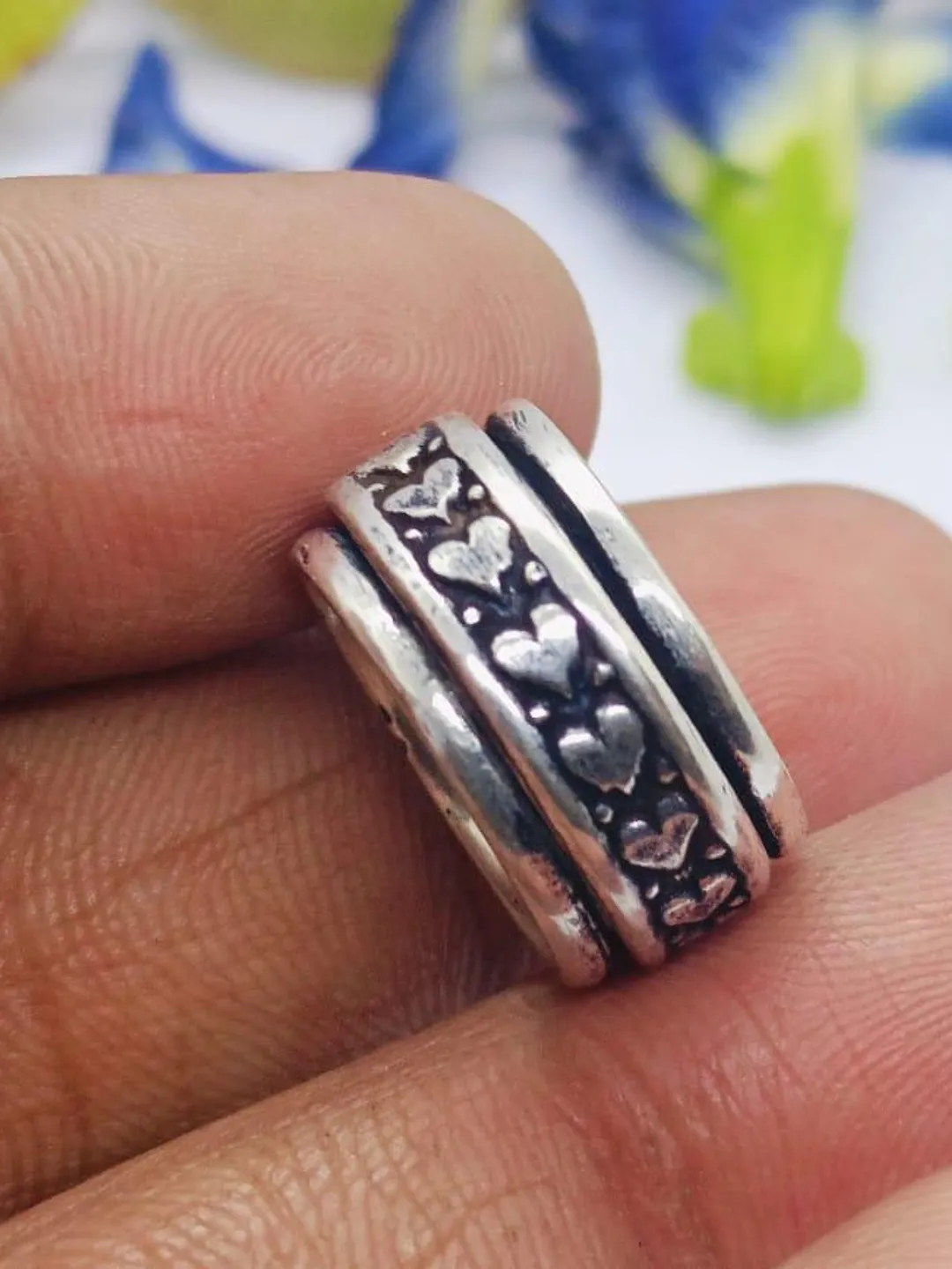 Oxidized Sterling Silver Heart Spinner Ring • Boho Fidget Anxiety Ring