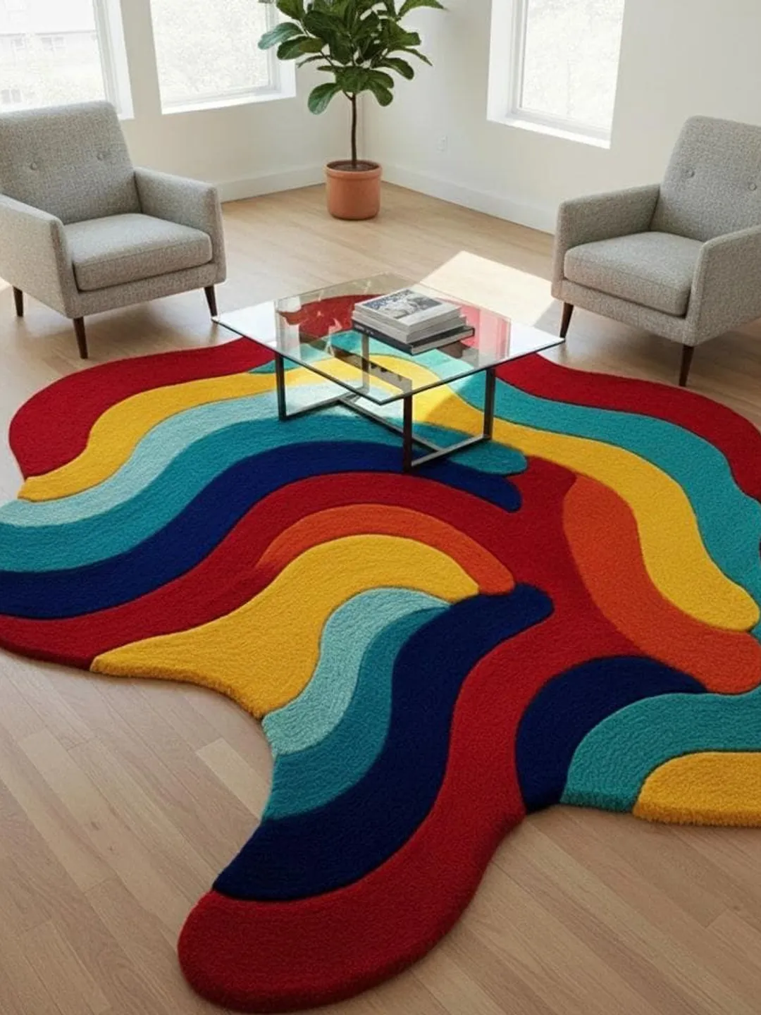 Handmade Tufted Wavy Colorful Abstract Design Wool Area Rug
