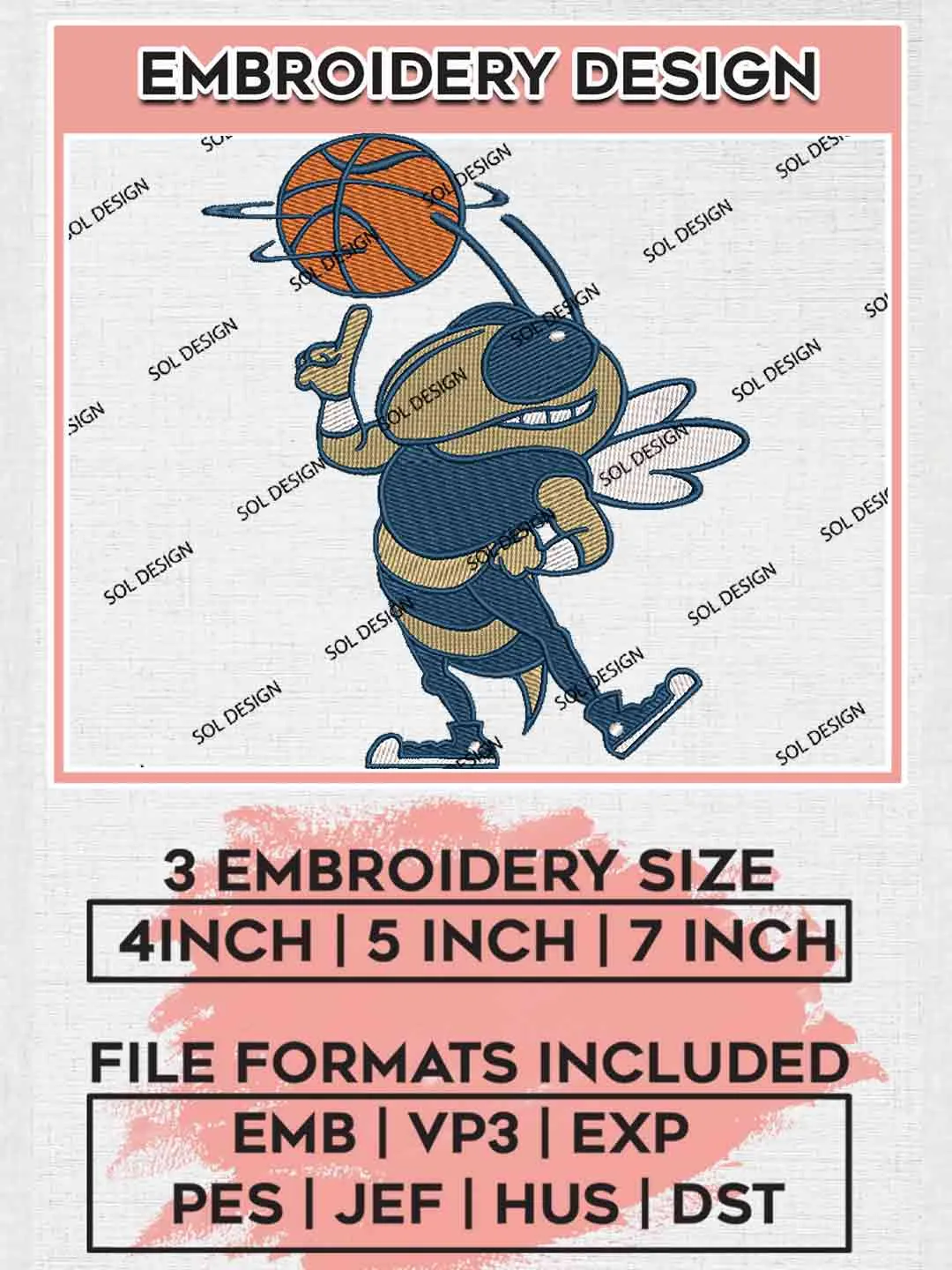 Georgia Tech Yellow Jackets Basketball Mascot Logo Embroidery Designs, NCAA Logo Embroidery files, NCAA Georgia Tech Yellow Jackets Team, College Basketball Team Machine embroidery designs, Digital Download