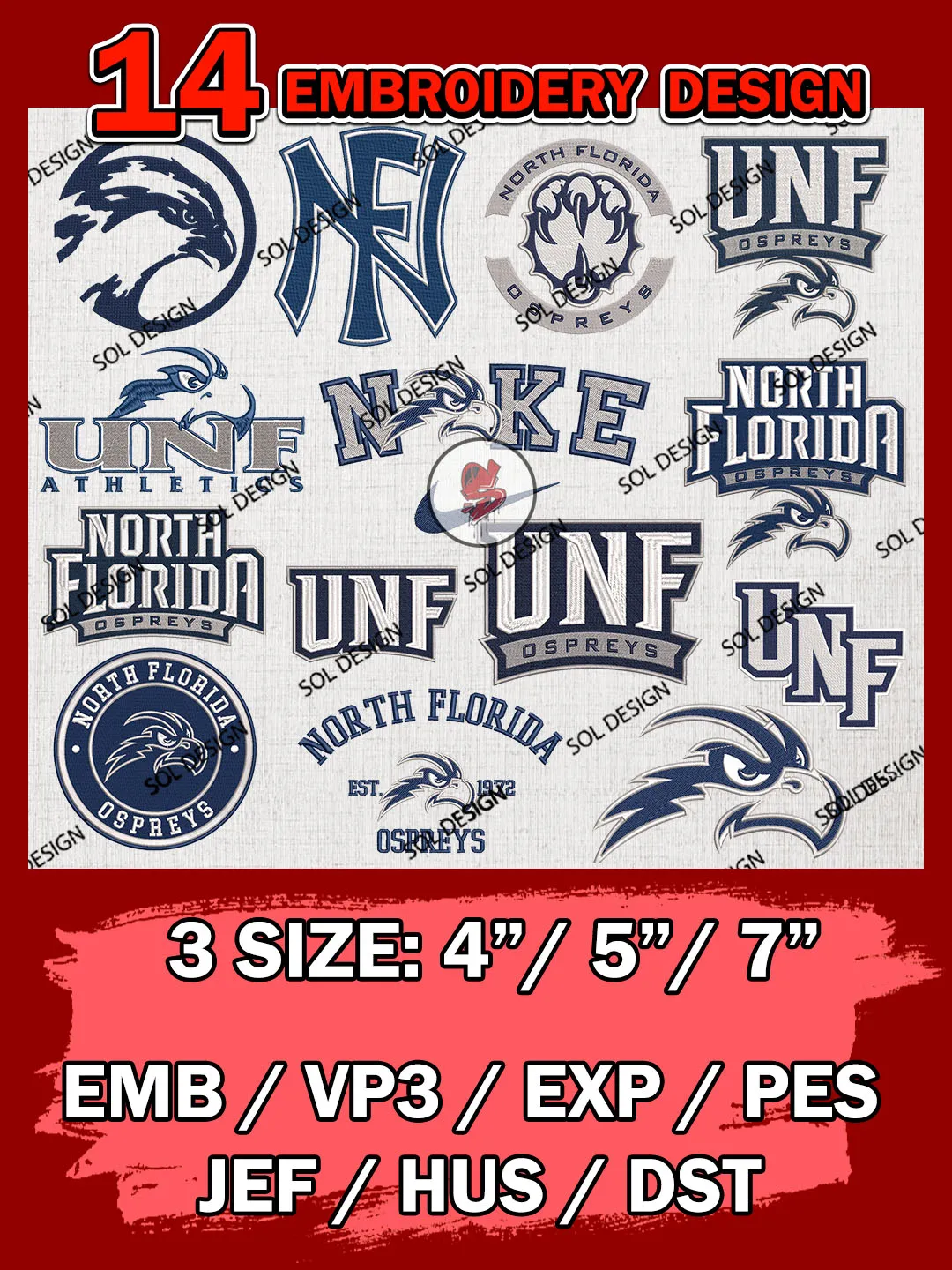 14 NCAA North Florida Ospreys Bundle Embroidery Files, NCAA North Florida Ospreys Team Bundle Embroidery Designs, NCAA Teams, National College Football Team 3 sizes, NCAA North Florida Machine Embroidery, Digital Download