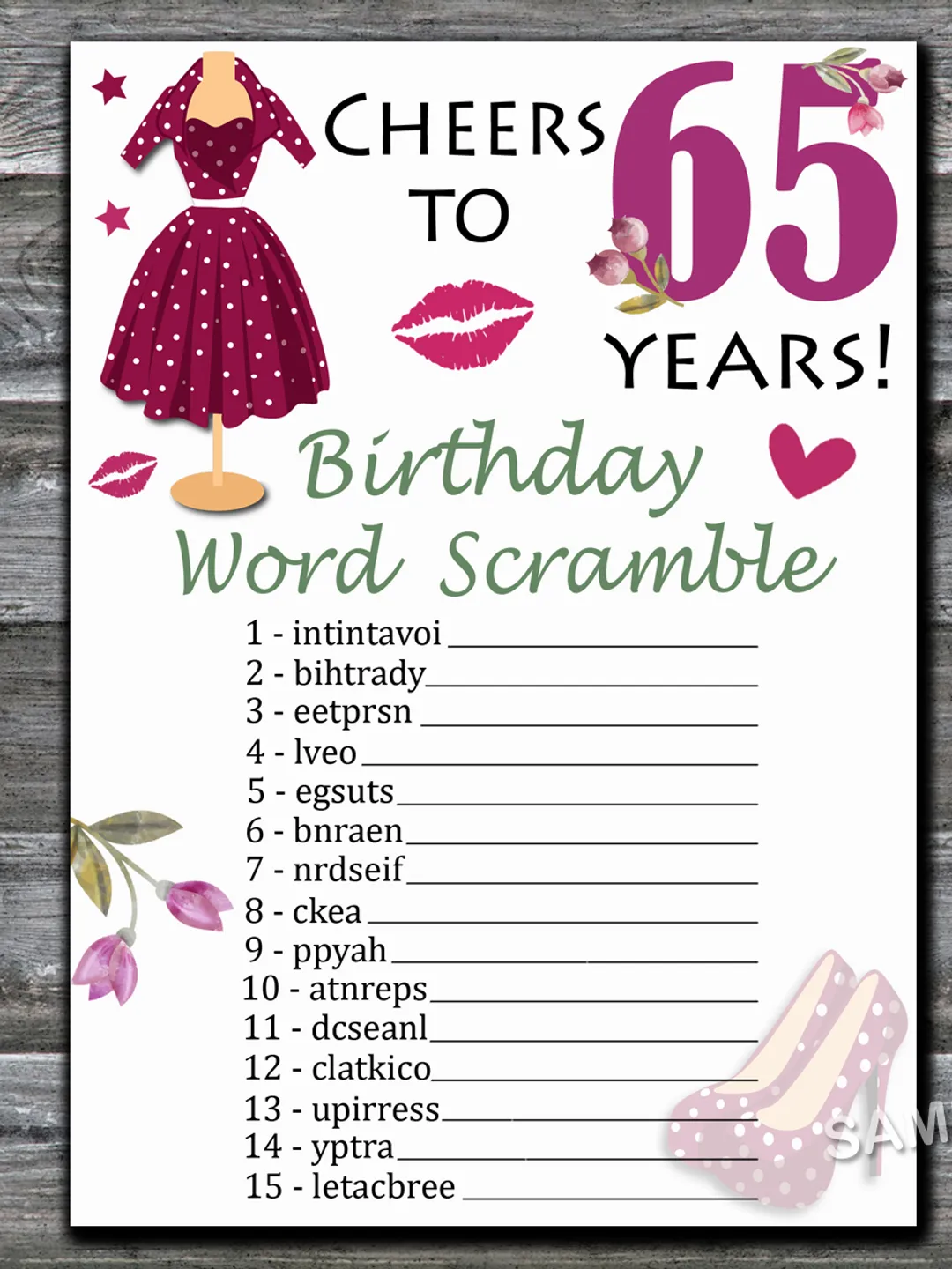 65th Birthday Word Scramble Game,Adult Birthday party game-fun games for her-Instant download