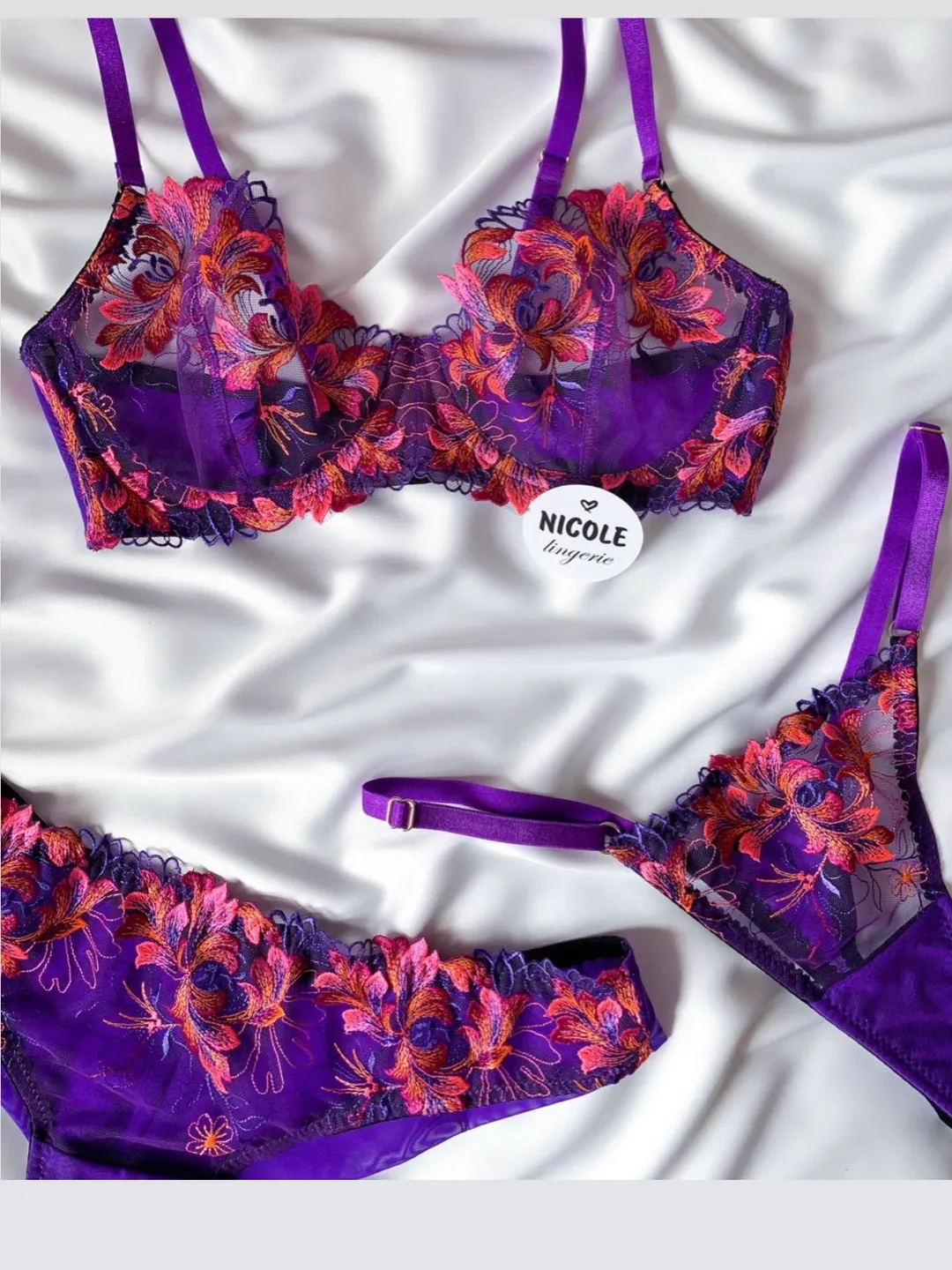 purple embroidered mesh lingerie set with garter belt