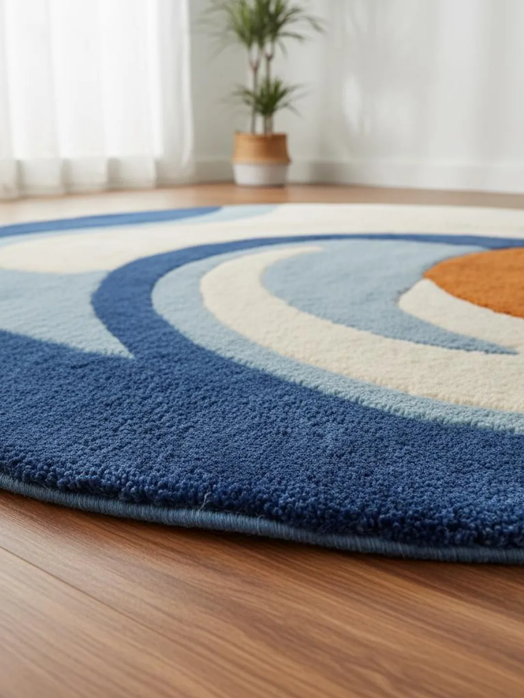 Hand-Tufted Wool Rug | Modern Abstract Blue & Orange Round Carpet