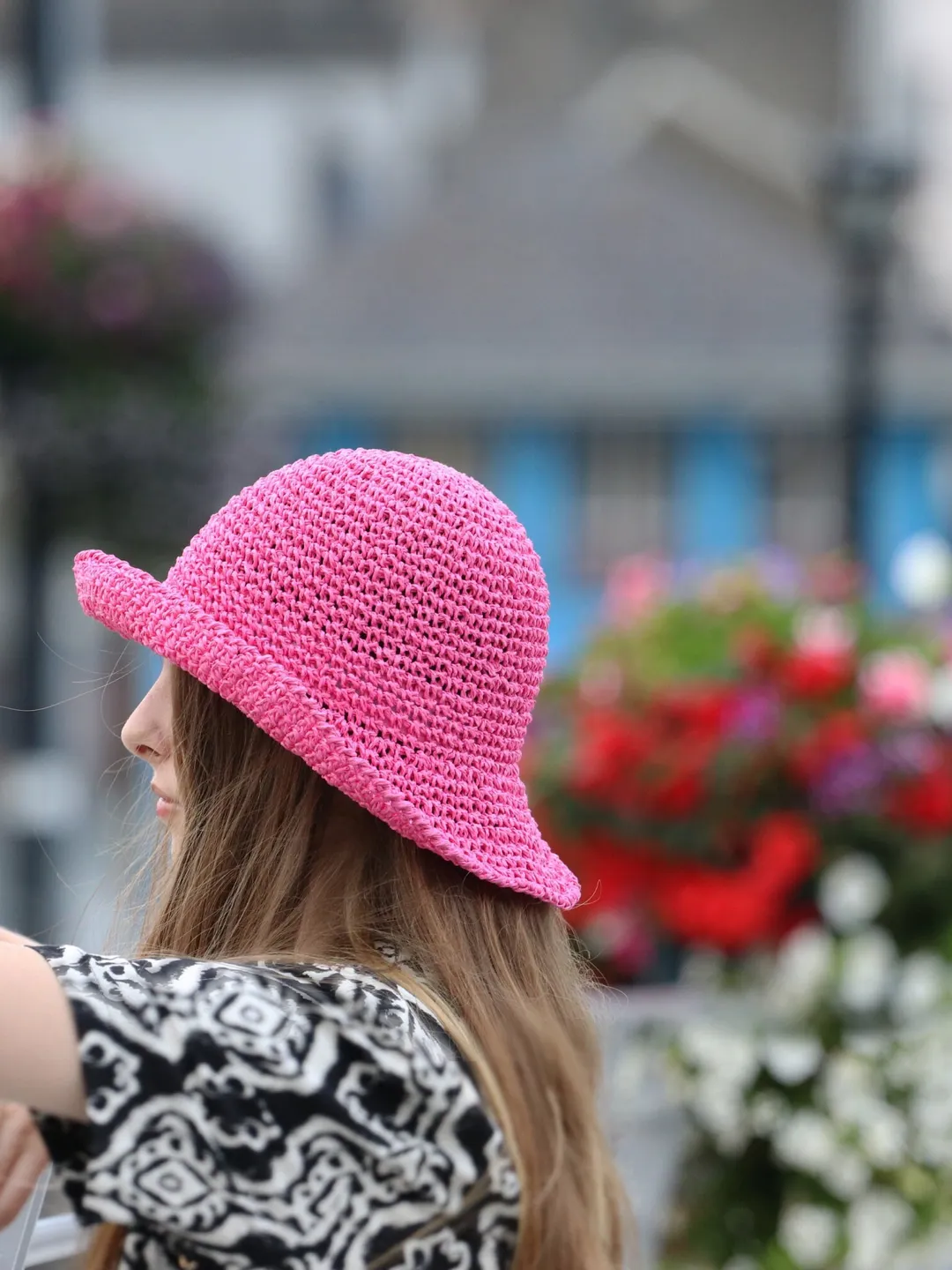 Straw hat women beach Panama bucket hot pink floppy holiday hat