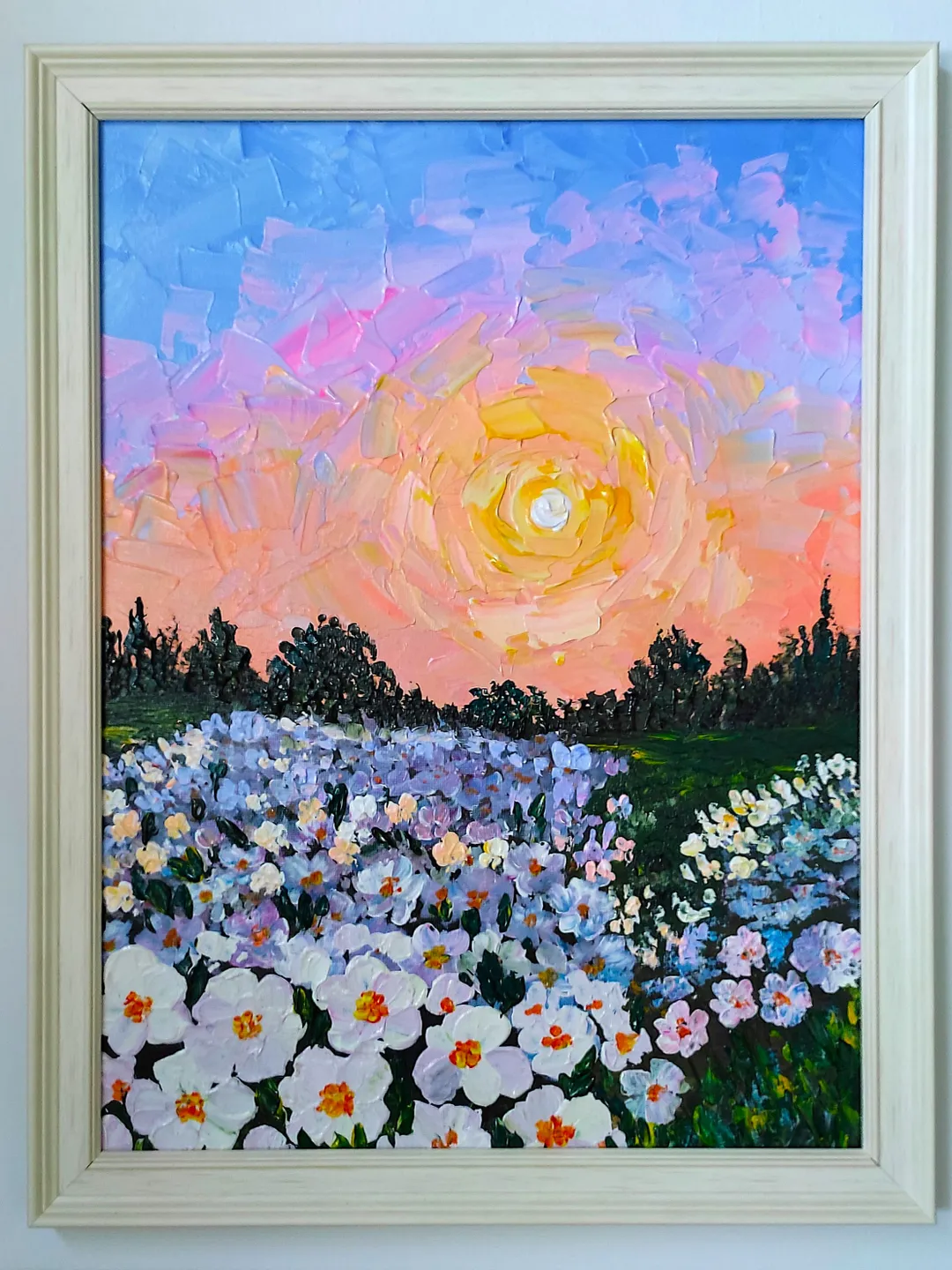 Sunset painting landscape, Floral paintings, Flower painting canvas, Sunset landscape acrylic painting, Art landscape