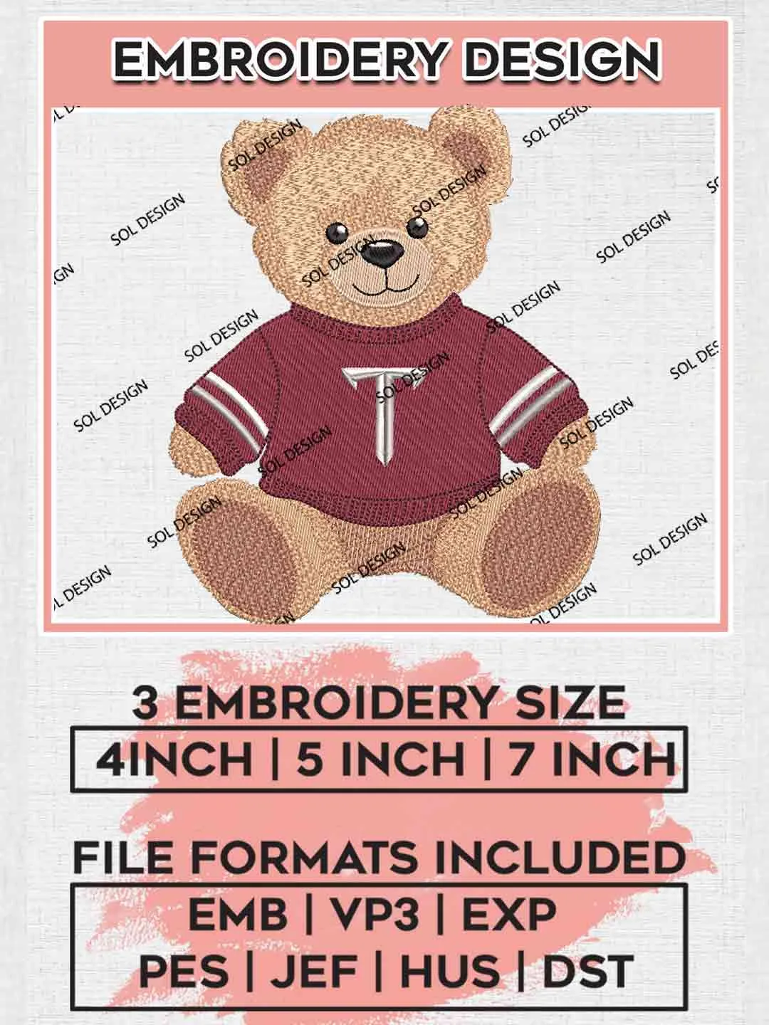 Troy Trojan Teddy Bear Embroidery Design, Football Embroidery files, Sport Machine embroidery files, 3 sizes, Instant Download
