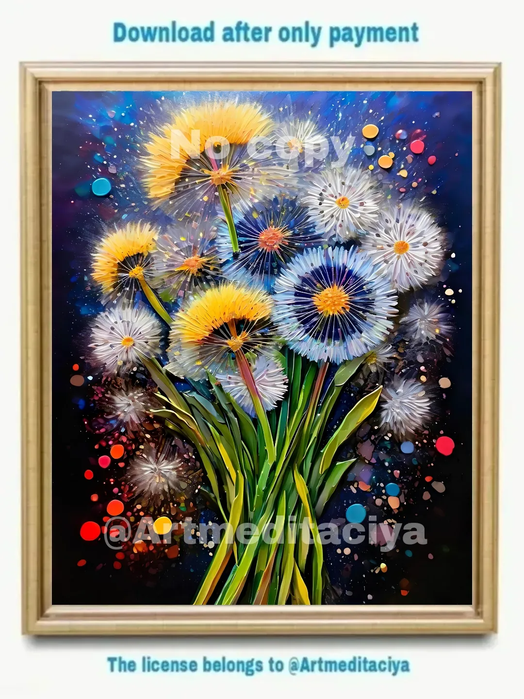 Digital abstract 3d texture painting "Dandelions". Textural image of multicolored dandelions on a dark blue background with colorful bright drops in the style of oil painting with a palette knife, impasto