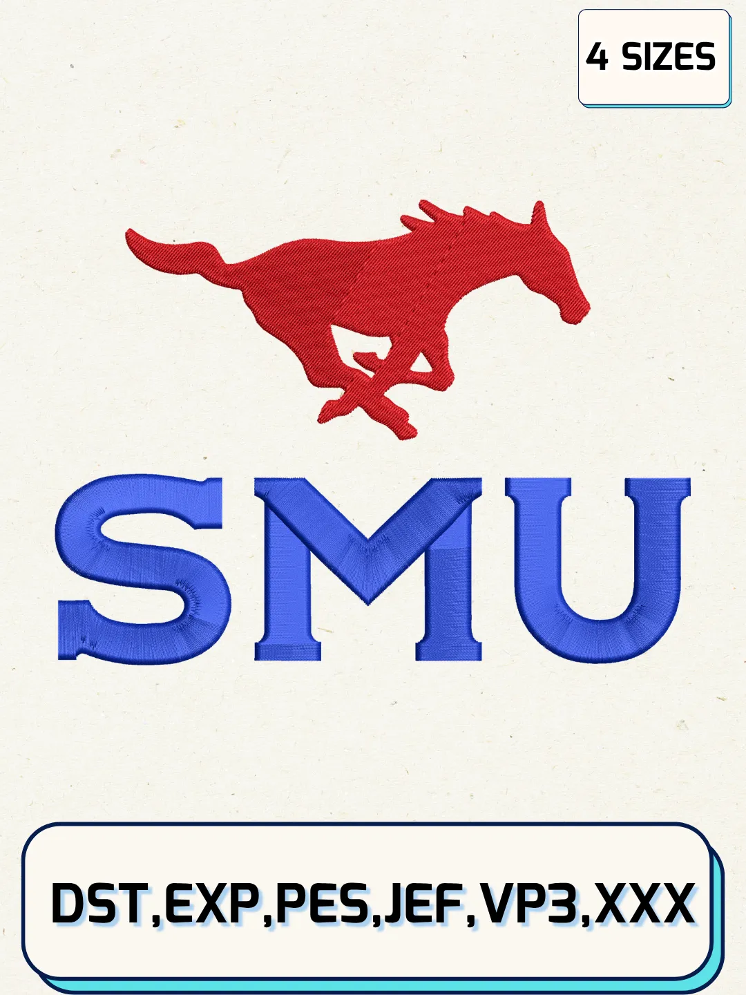 SMU Mustangs Secondary Logos Embroidery Design Files, NCAA Logos Embroidery Designs, Machine Embroidery Files, 4 Sizes