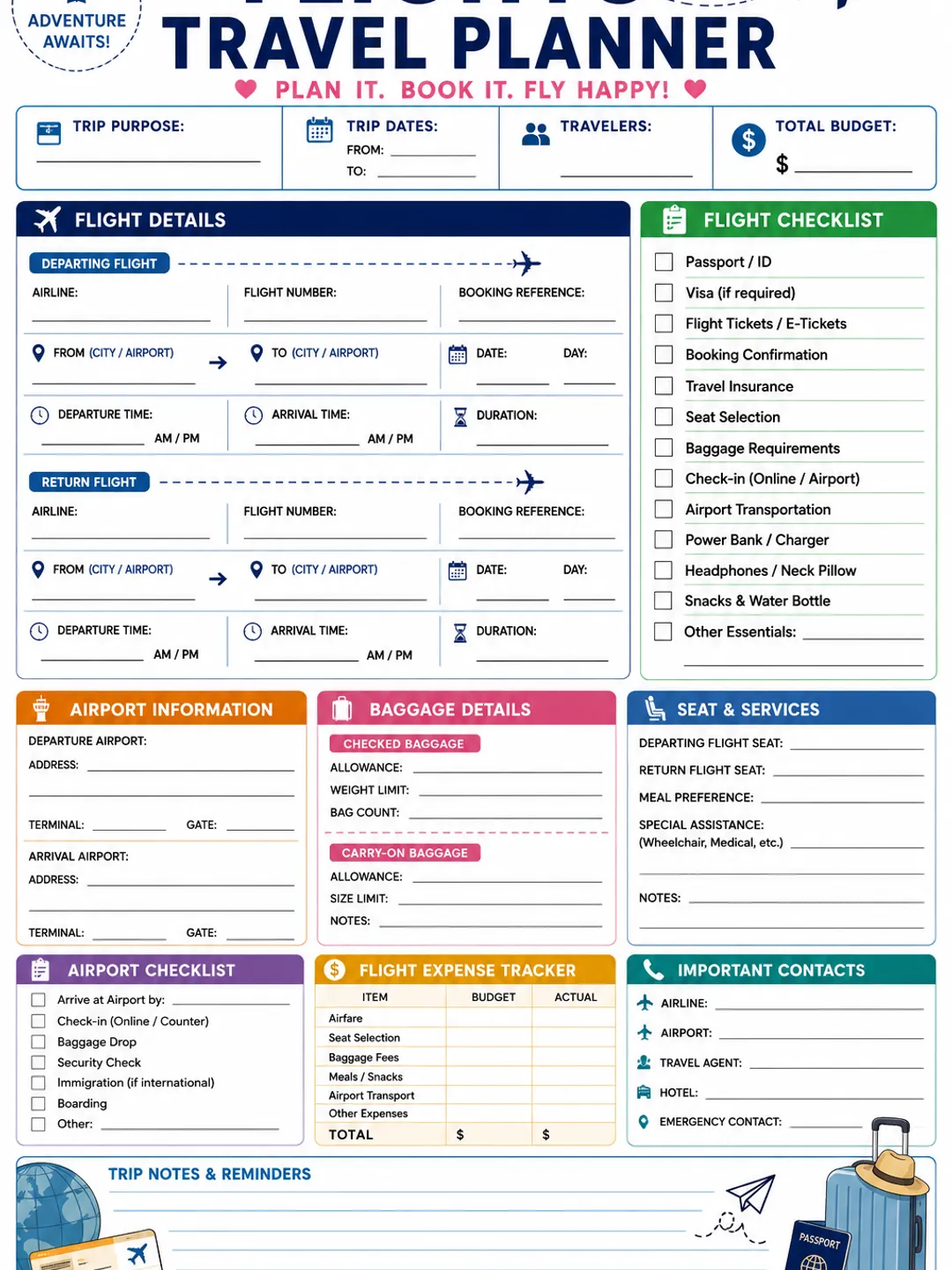 Ultimate Travel Planner Templates Bundle | Trip Itinerary, Flight Planner, Budget Tracker & Packing Checklist