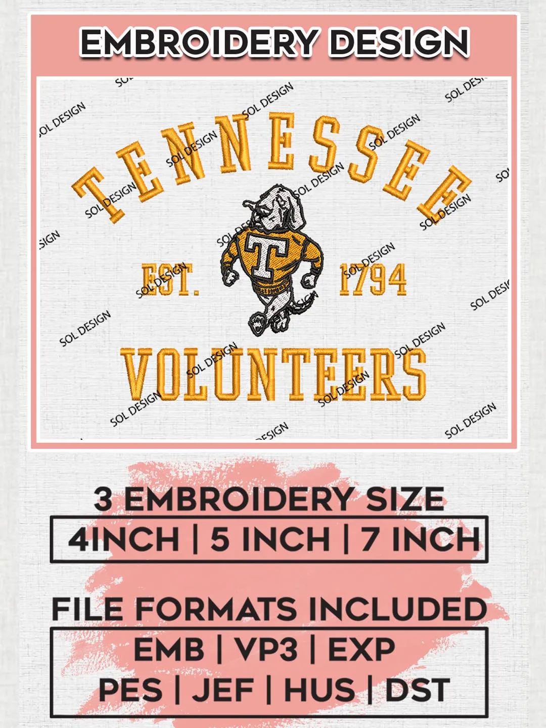 Tennessee Volunteers Est 1794 Embroidery Designs, NCAA Tennessee Volunteers Team Embroidery, NCAA Team Logo, 3 sizes, Machine embroidery Files, Digital Download