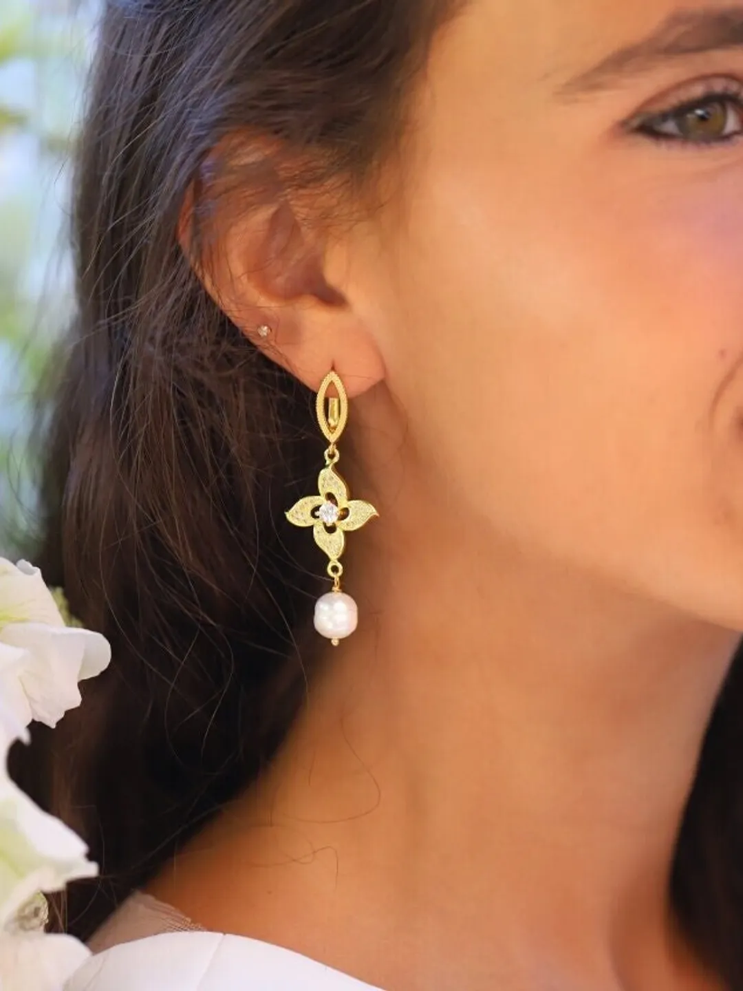 Freshwater Pearl Art Deco Wedding Earrings , Retro Floral Bridal Jewelry, Swarovski Wedding Earrings, Statement Floral Boho Wedding Earrings