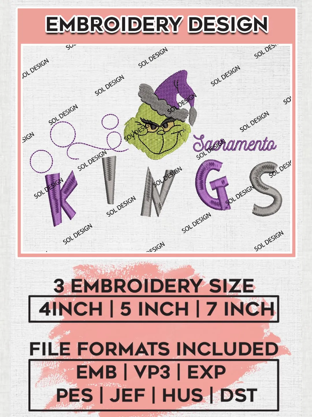 Grinch Sacramento Kings Embroidery Designs, Grinch Christmas Embroidery Files, NBA Sacramento Kings Machine Embroidery Designs, NBA Kings Logo, NBA Christmas Machine Embroidery Design, Digital Download