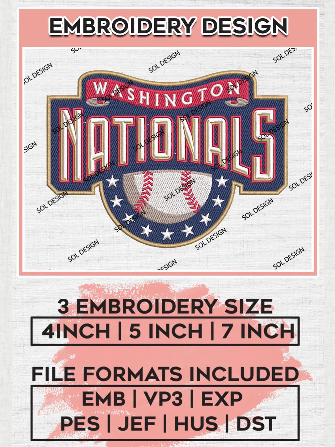 Washington Nationals Logo Embroidery Designs, MLB Washington Nationals Embroidery Design, MLB Embroidery Design Files, MLB Logo, 3 sizes, Machine embroidery Files, Digital Download