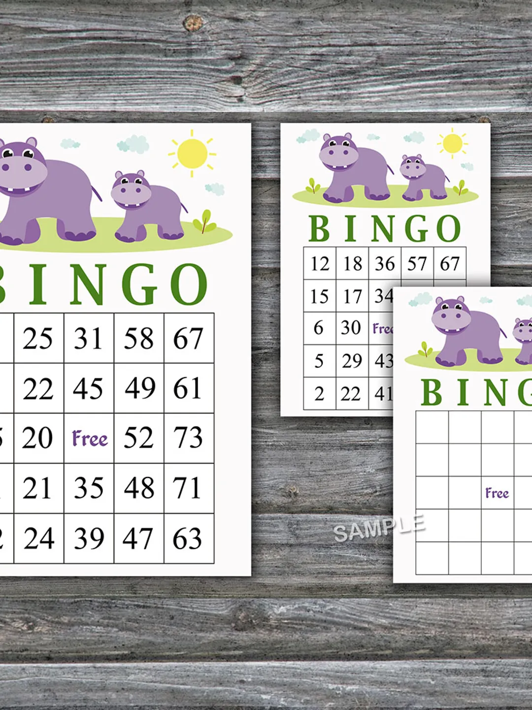 Hippo bingo cards,Hippo bingo game,Hippo Printable bingo cards,60 Bingo Cards,INSTANT DOWNLOAD--355