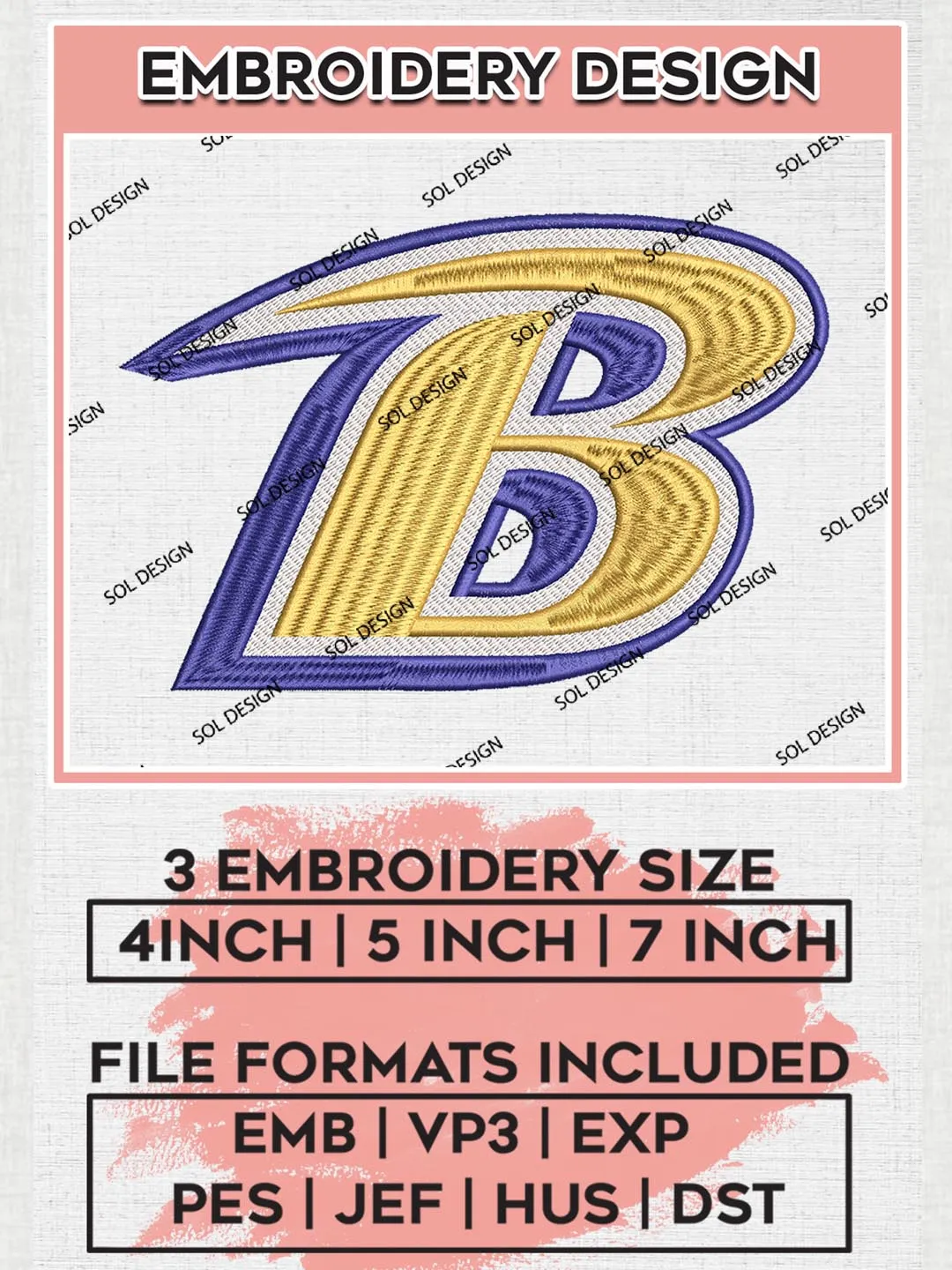 Baltimore Ravens Embroidery Design Files, NFL Ravens, NFL Embroidery Designs, NFL Baltimore Ravens Machine Embroidery Design, Digital Download