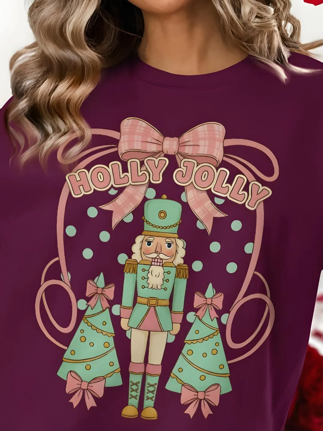 Holly Jolly Christmas PNG Nutcracker Coquette Graphic Design Pastel Nutcracker Design Cute Pink Bow Holiday Clipart Retro Christmas Tree