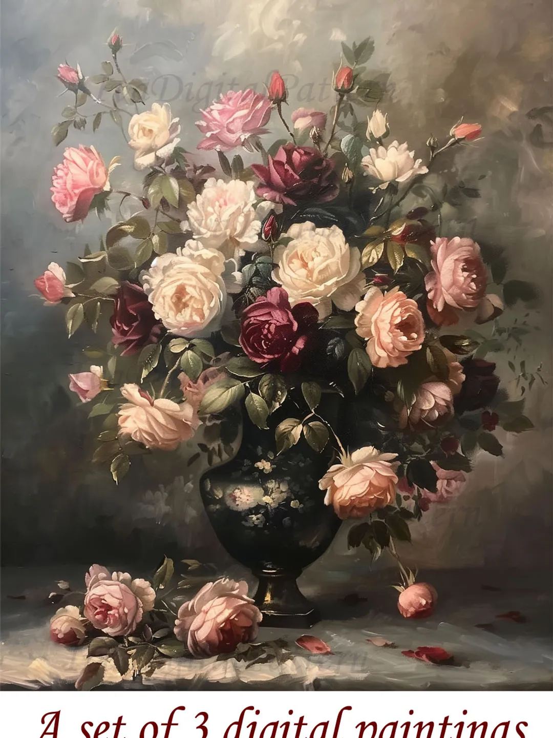 Art Print Digital Set of 3 vintage Renaissance paintings of roses ...