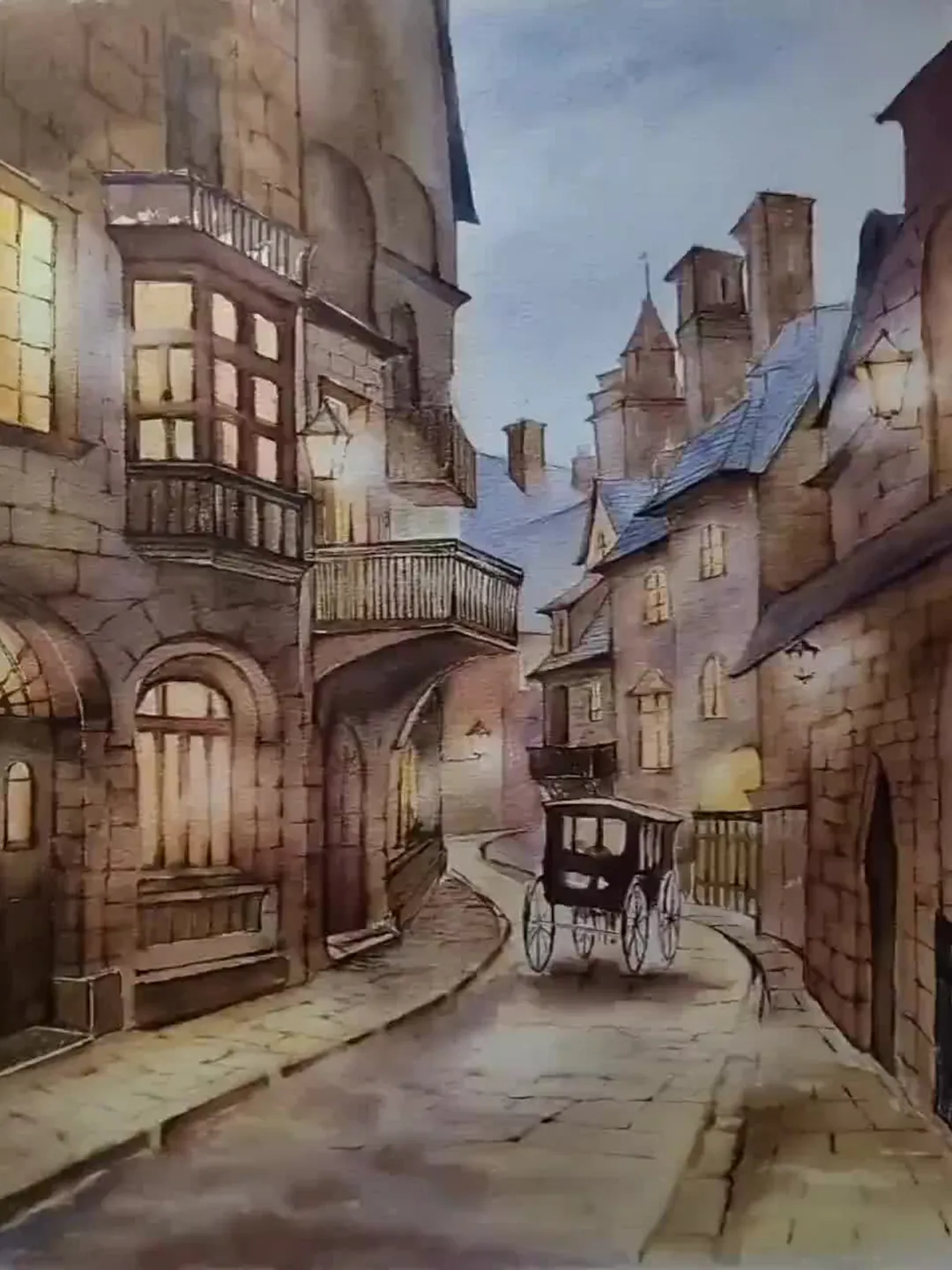 Original Watercolor Painting Victorian Urban Landscape Art