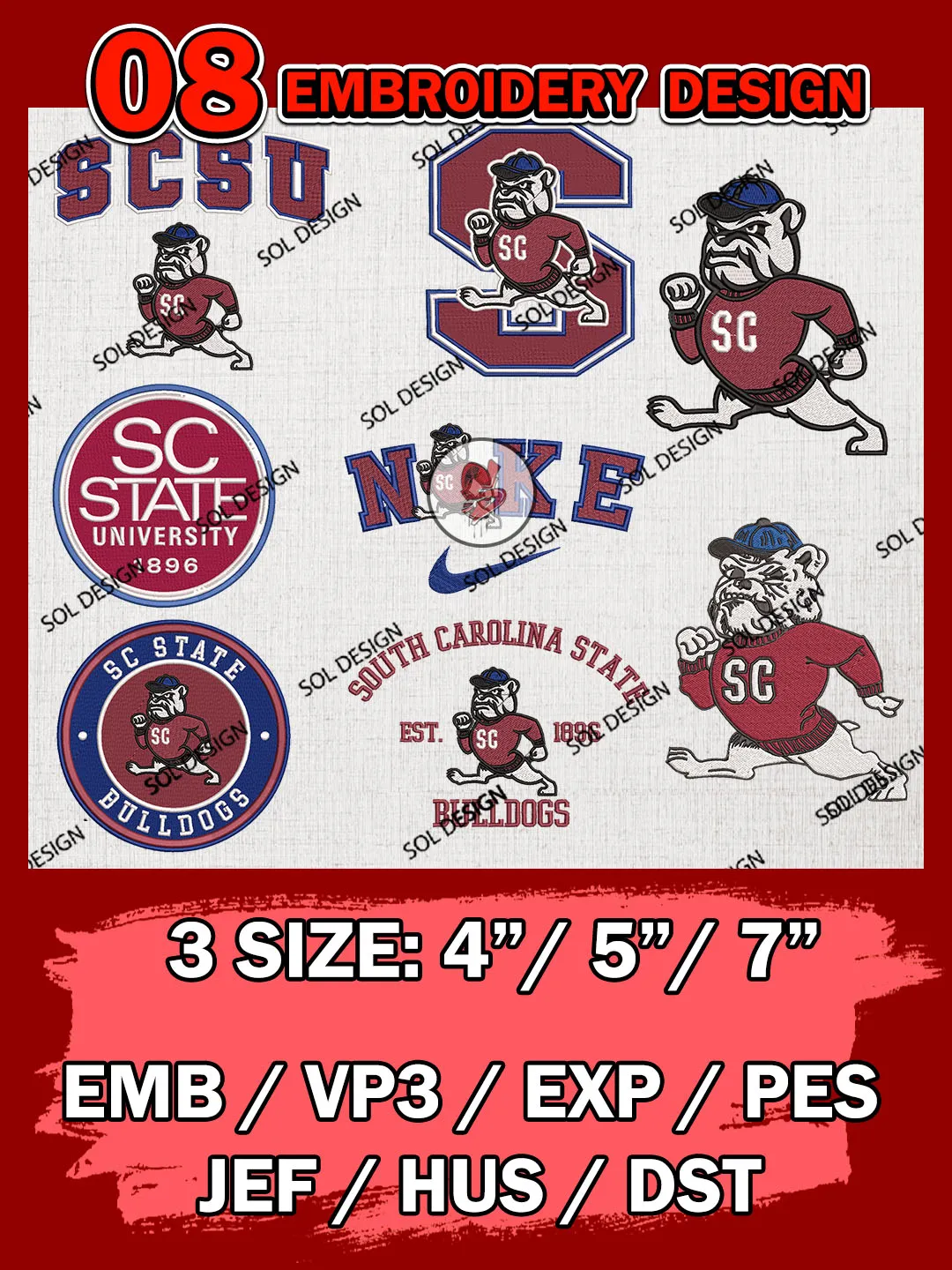 8 NCAA South Carolina State Bulldogs Bundle Embroidery Files, NCAA South Carolina State Bulldogs Team Bundle Embroidery Designs, NCAA Teams, National College Football Team 3 sizes, NCAA South Carolina State Machine Embroidery, Digital Download
