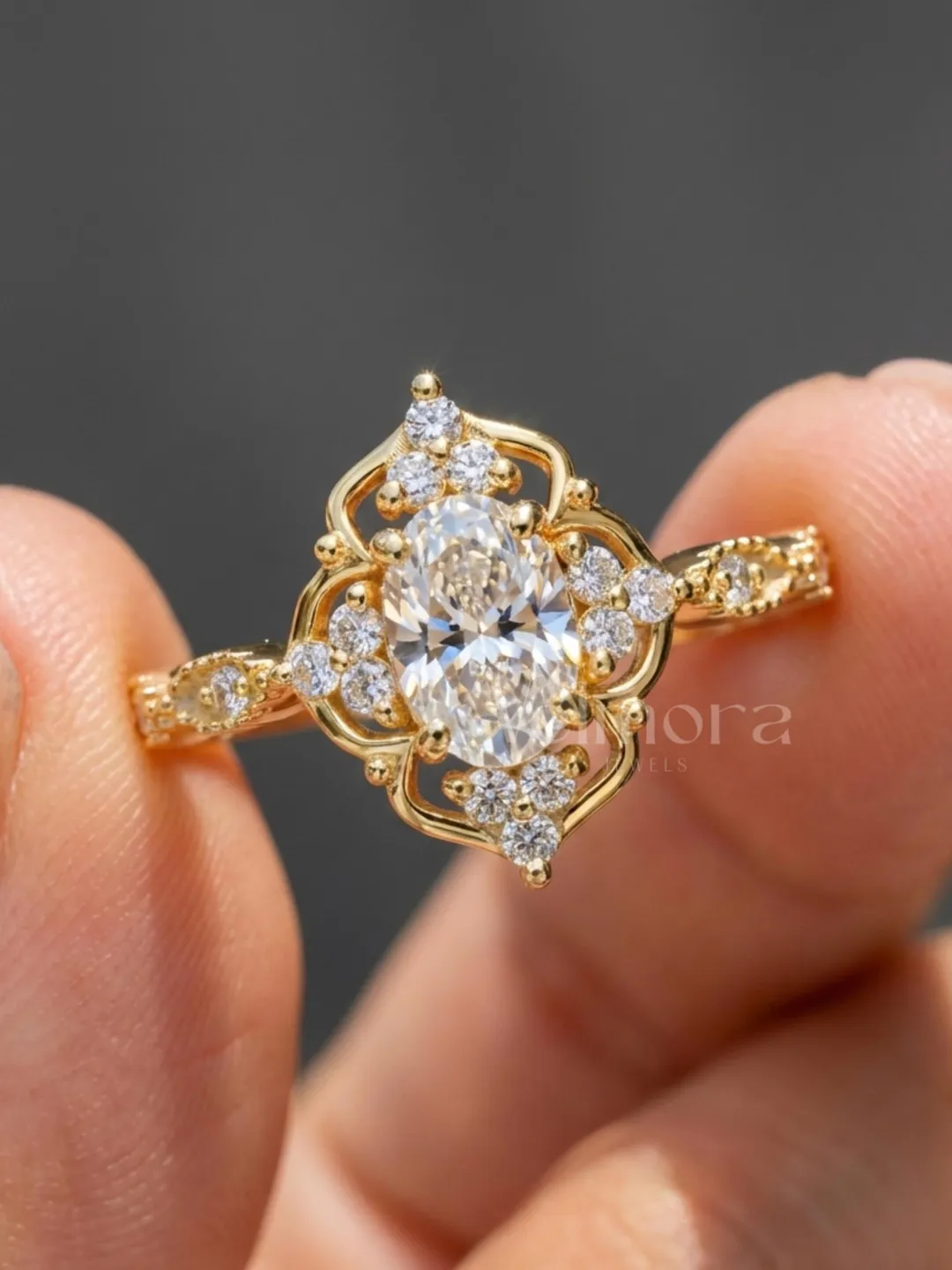 Oval Diamond Floral Halo Ring, Vintage Style Gold Engagement Ring