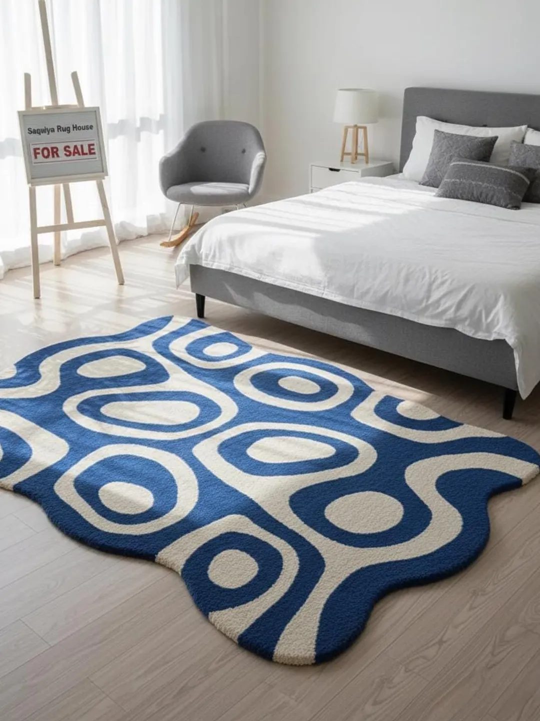 Hand Tufted Modern Ombre Blue Abstract Carpet with Organic Line Art ...