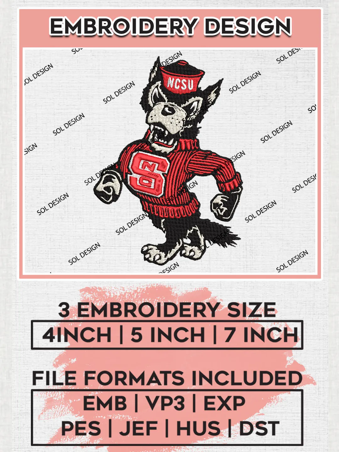 NCAA NC Wolfpack Team Mascot Logo Embroidery Design Files, NCAA NC Wolfpack Machine Embroidery, NCAA Teams, 3 sizes, NCAA Machine embroidery designs, Digital Download