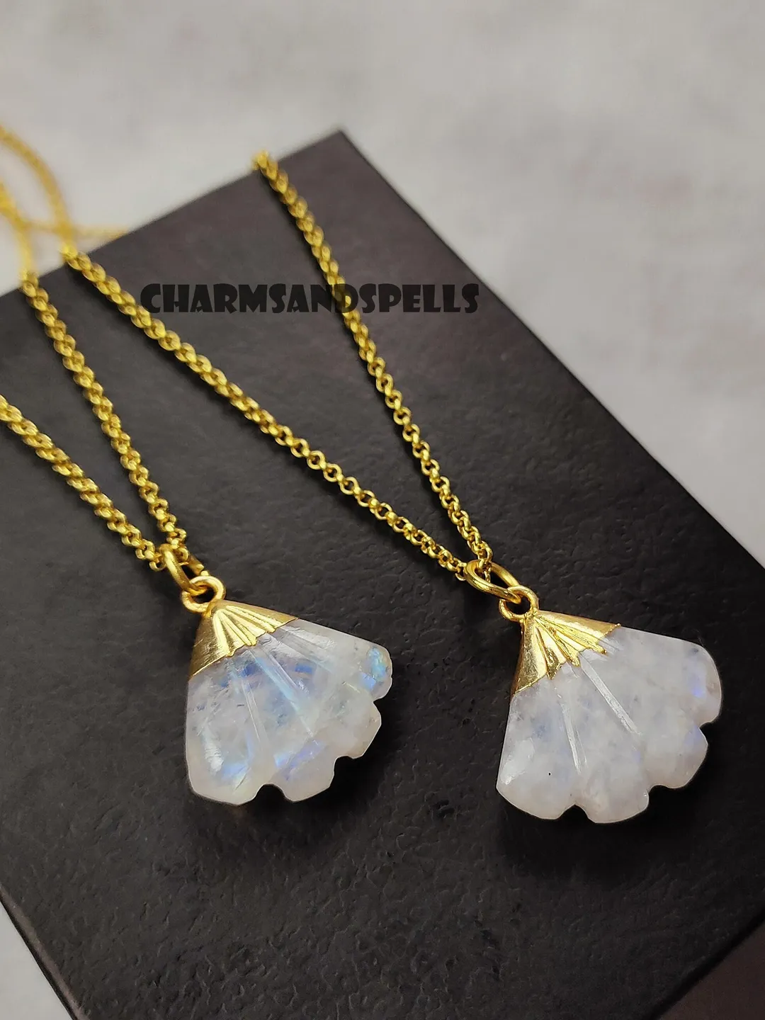 Natural Rainbow Moonstone Carved Shell Necklace, Boho Jewelry, Healing Crystal,  Gift For Her