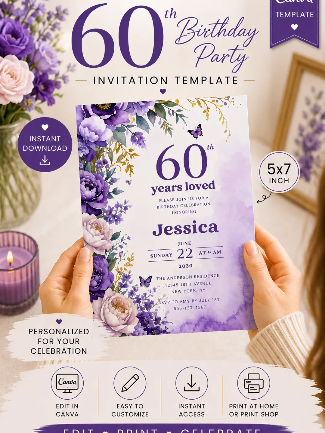 60th Birthday Invitation Canva Template, Purple Floral Butterfly Birthday Invite, Editable 60 Years Loved Party Invitation Digital Download