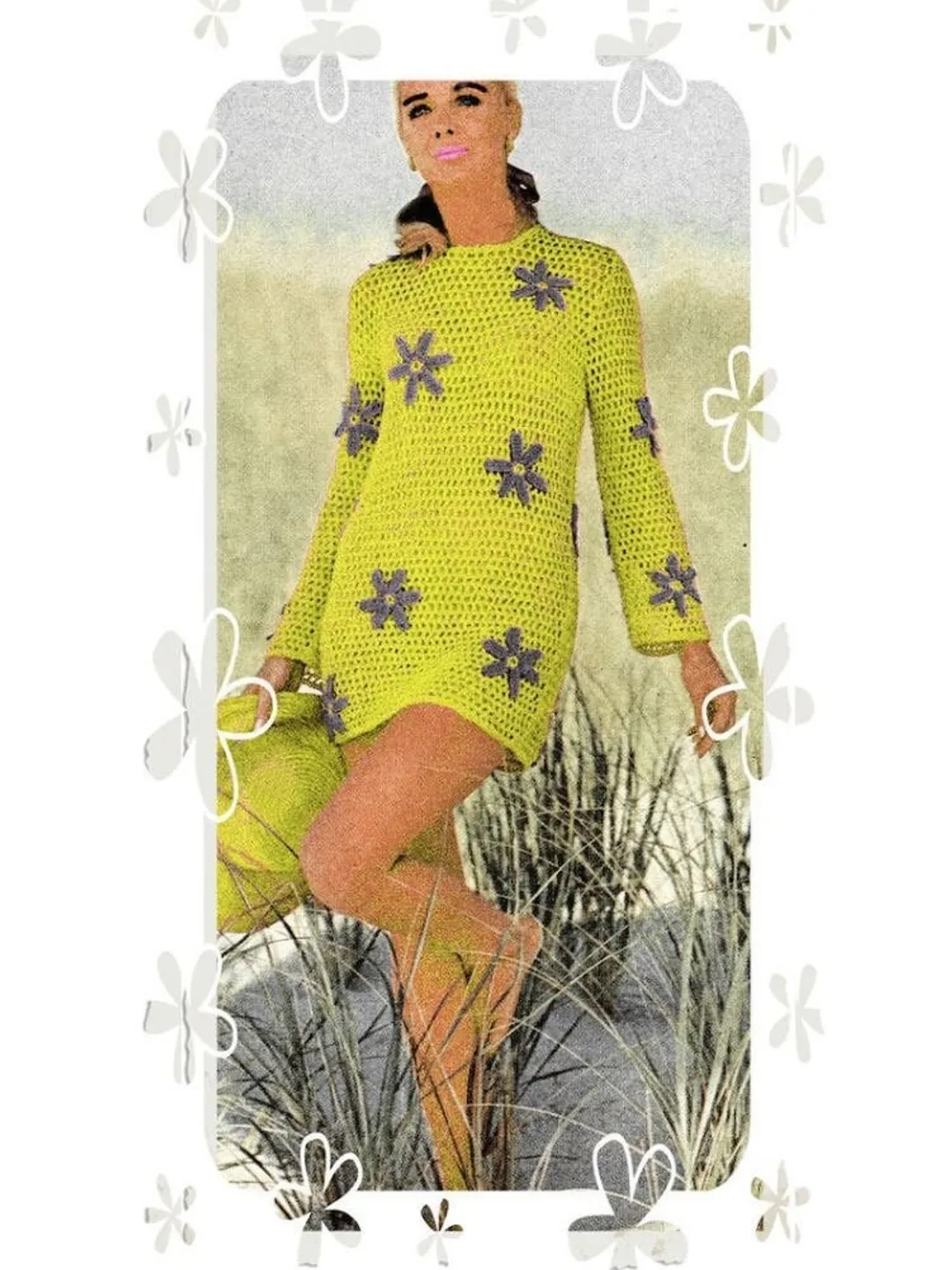 1970s crochet dress 1970s Vibrant Blue Knit Crochet Dress Draping Angel Sleeves