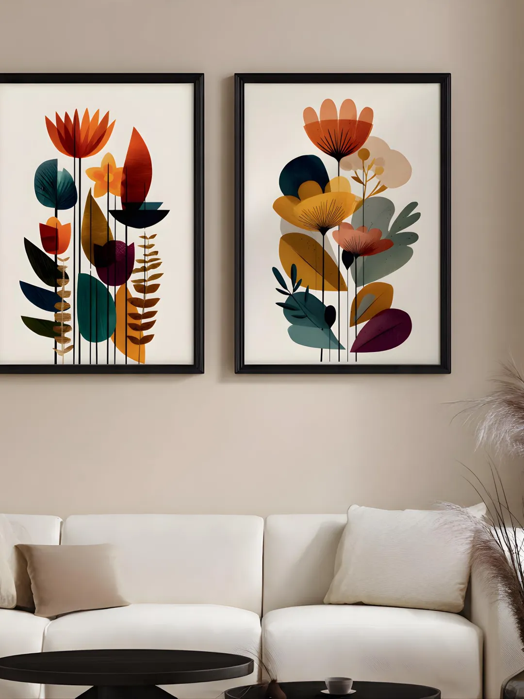 Mid Century Modern Floral Wall Art Set of 2, Abstract Botanical Prints ...