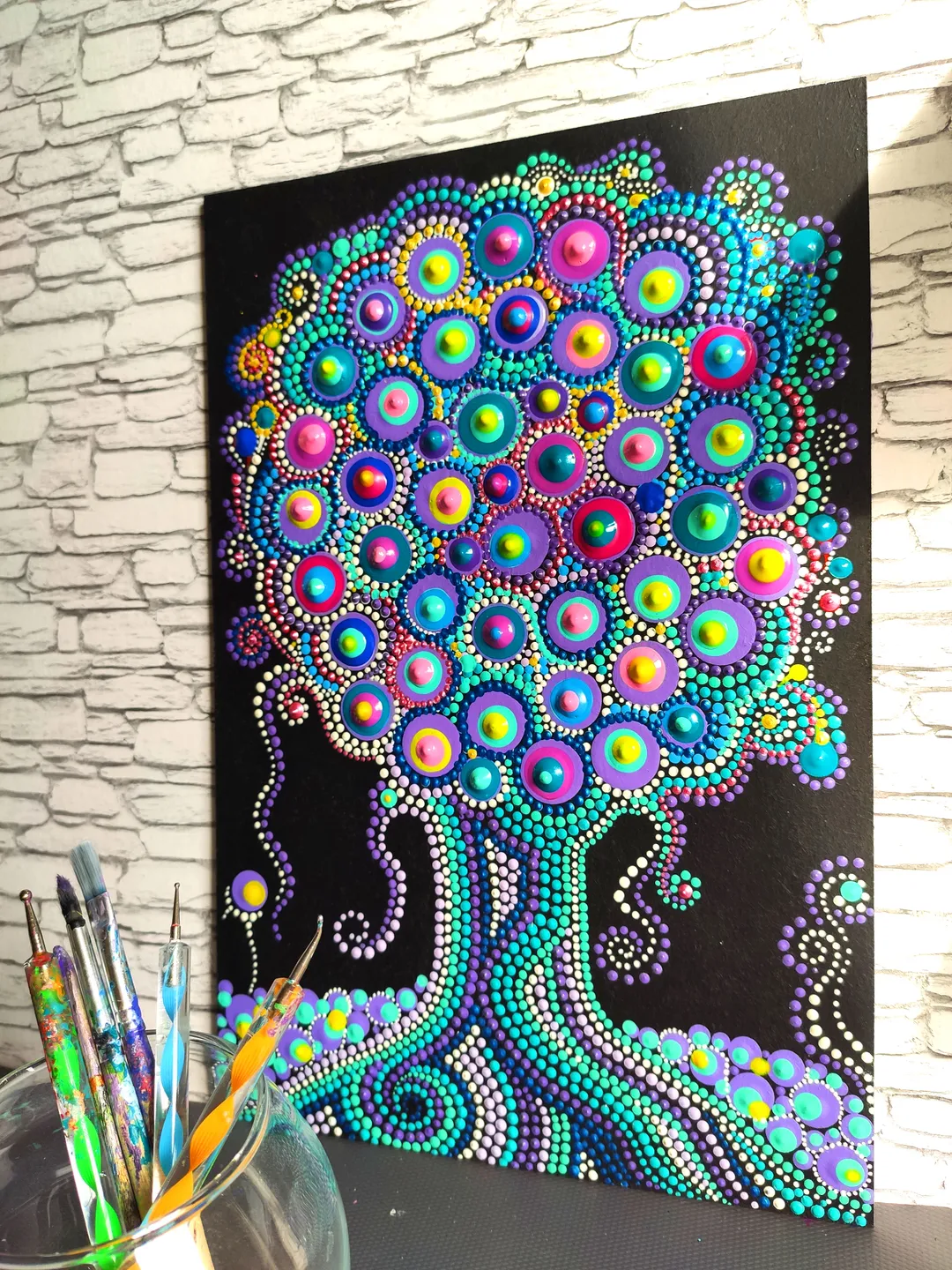 Rainbow Tree of Life Dot Painting Acrylic Original Artwork Textured Dotted Panel 20 by 30 cm / 8 by 10 "