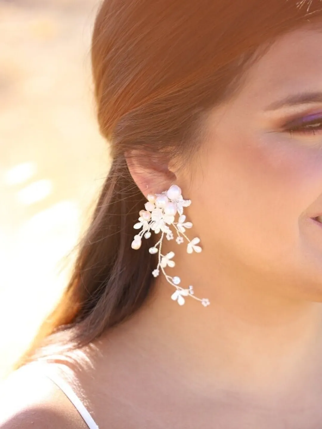Freshwater Pearl Long Chandelier Statement Wedding Earrings For Brides, Silver Floral Boho Bridal Earrings, Statement Flower Wedding Jewelry