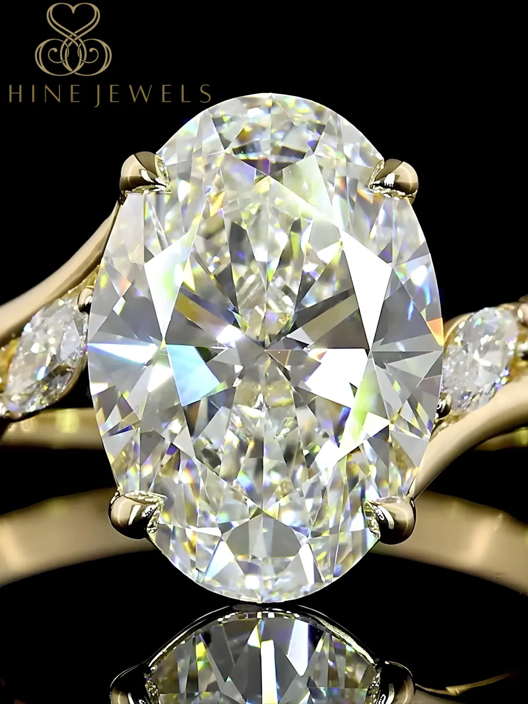 3 Ct Oval Lab Grown Diamond Engagement Ring. Side Diamonds, 14 Kt Gold