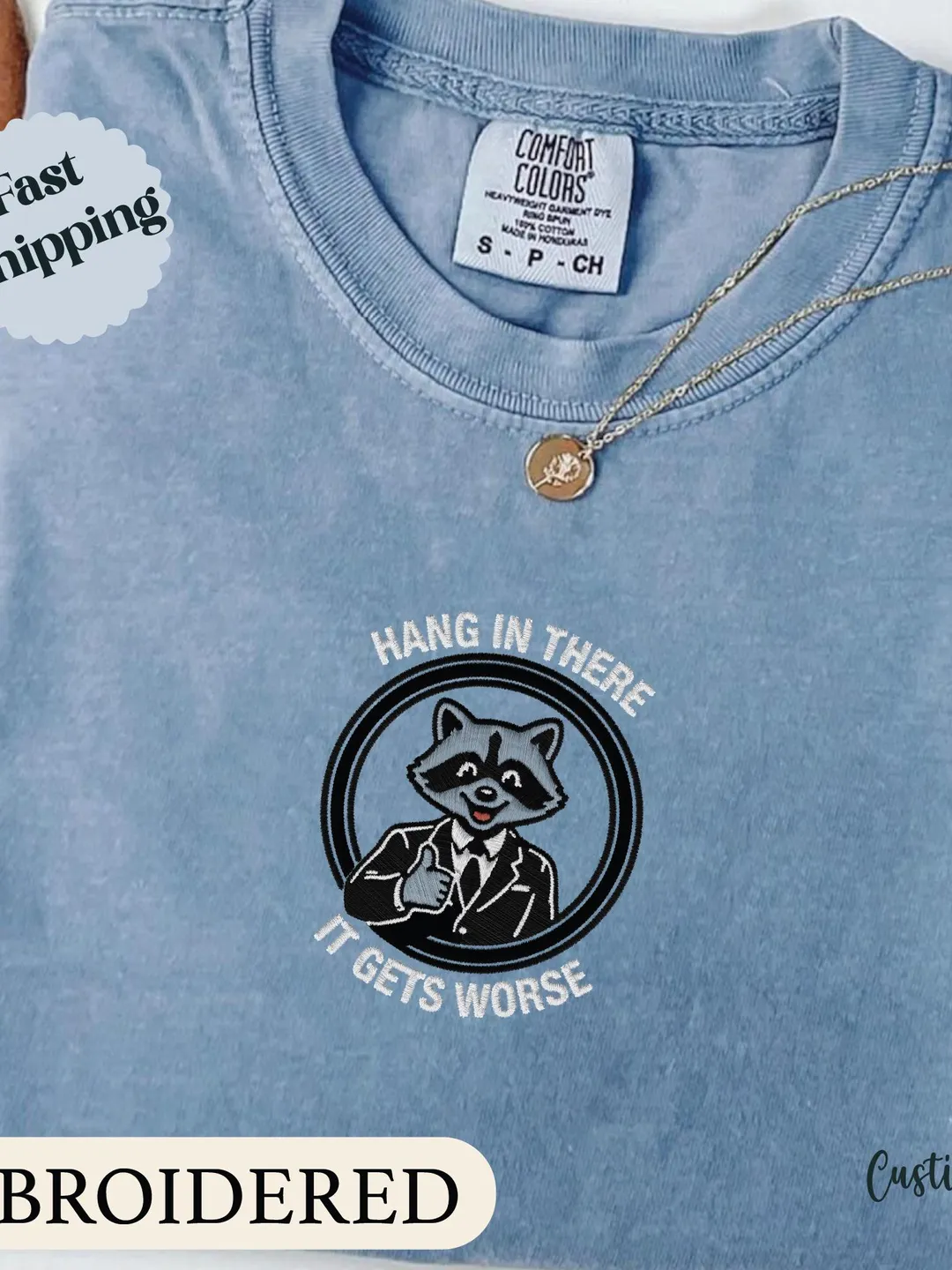 Funny Anxiety Shirt, Hang In There Raccoon Embroidered, Sarcastic Humor Tee, Mental Health Awareness Shirt, Comfort Colors, Adult Humor Tee
